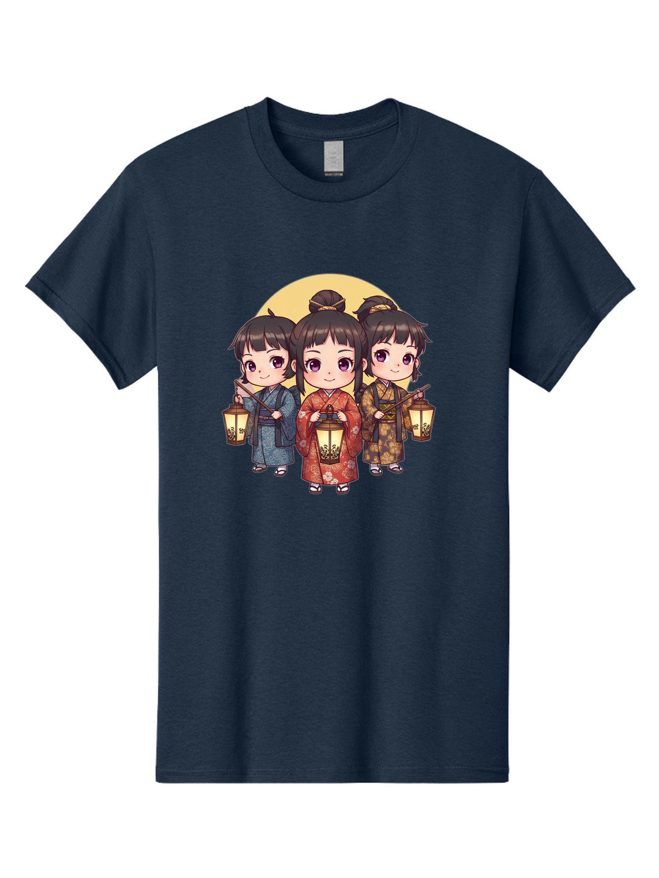 Three-Girls-In-Kimonos Men'S Graphic Tee, 100% Cotton, Comfortable Casual Summer Wear, Machine Washable, Children In Traditional Clothing, Holding Lanterns, Japanese Culture, Kimonos, Full Moon, Cartoon Illustration, Cute Kids, Bad837