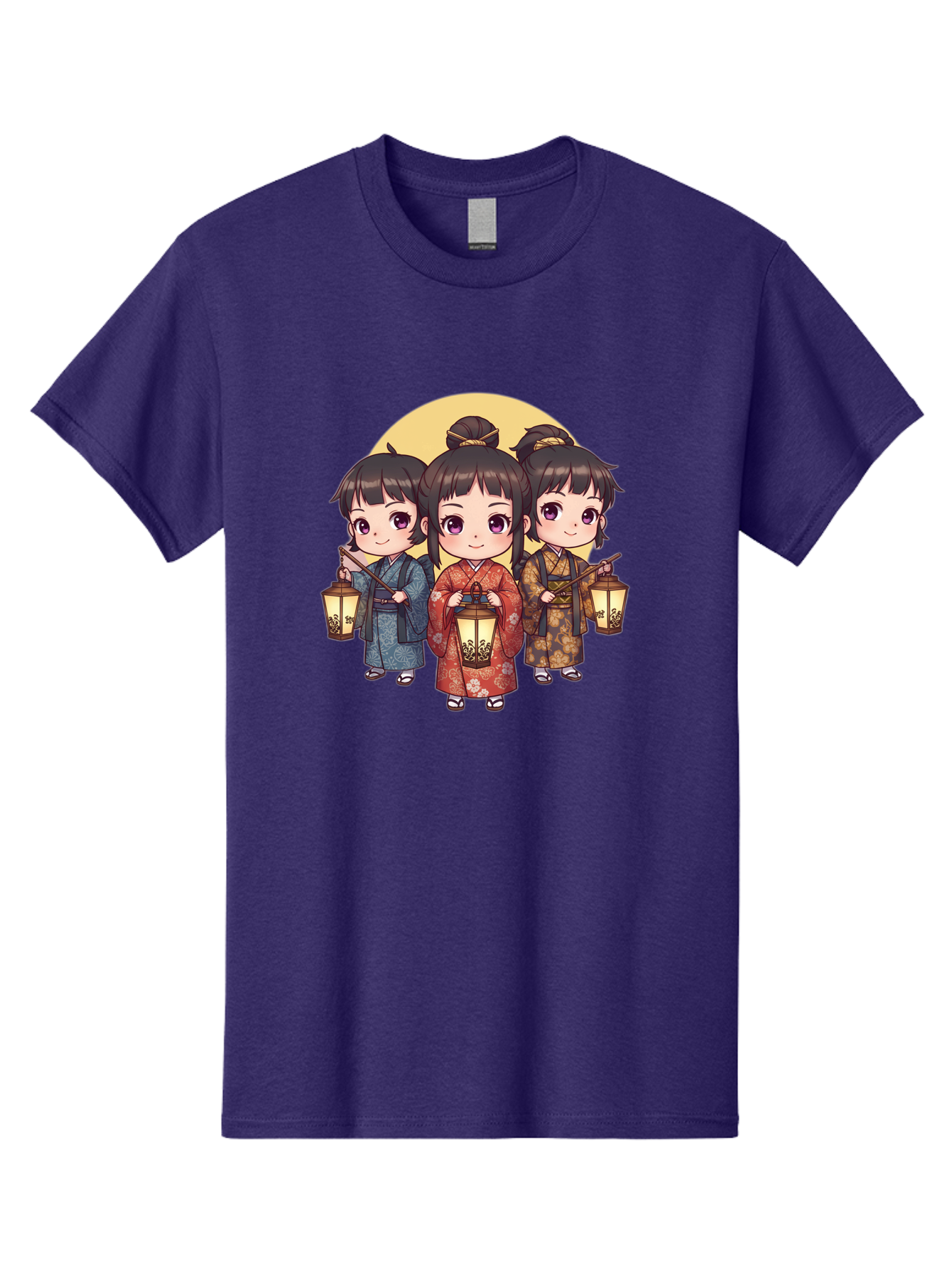 Three-Girls-In-Kimonos Men'S Graphic Tee, 100% Cotton, Comfortable Casual Summer Wear, Machine Washable, Children In Traditional Clothing, Holding Lanterns, Japanese Culture, Kimonos, Full Moon, Cartoon Illustration, Cute Kids, Bad837