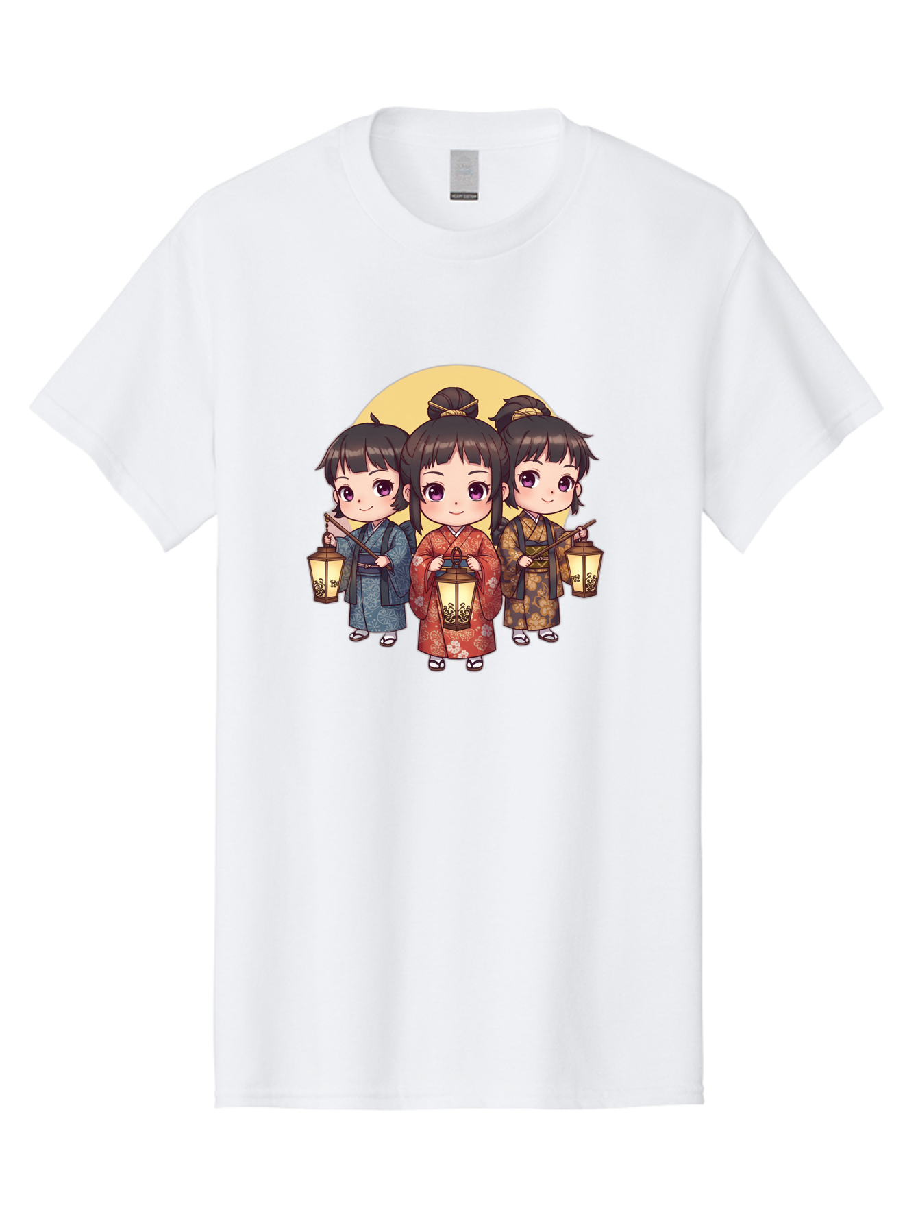 Three-Girls-In-Kimonos Men'S Graphic Tee, 100% Cotton, Comfortable Casual Summer Wear, Machine Washable, Children In Traditional Clothing, Holding Lanterns, Japanese Culture, Kimonos, Full Moon, Cartoon Illustration, Cute Kids, Bad837