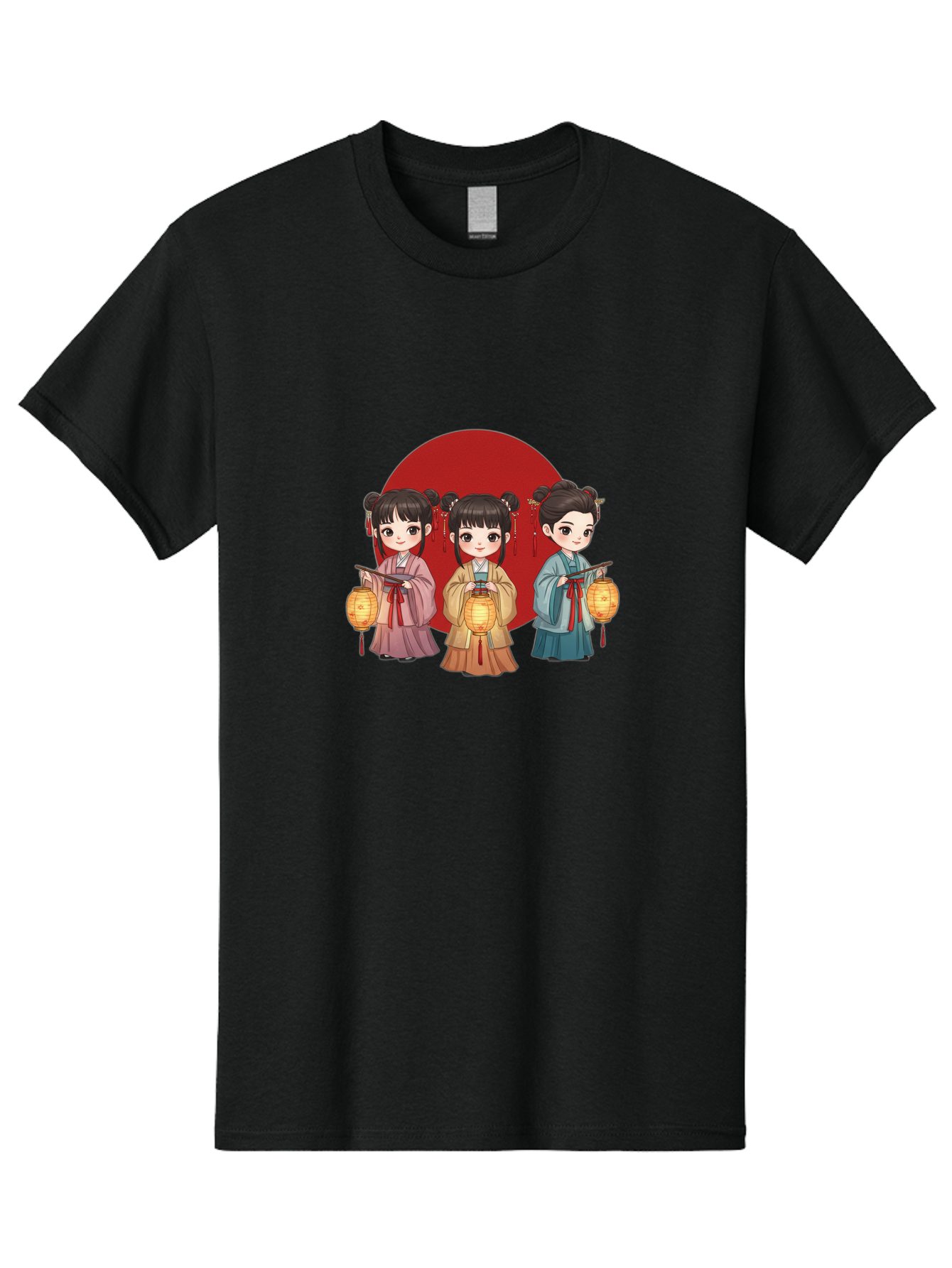 Three-Girls-With-Lanterns Men'S Graphic Tee, 100% Cotton, Comfortable Casual Summer Wear, Machine Washable, Traditional Chinese Clothing, Young Girls, Lanterns, Festive Atmosphere, Cultural Heritage, Red Circle, Chinese New Year, Celebration, Bad838