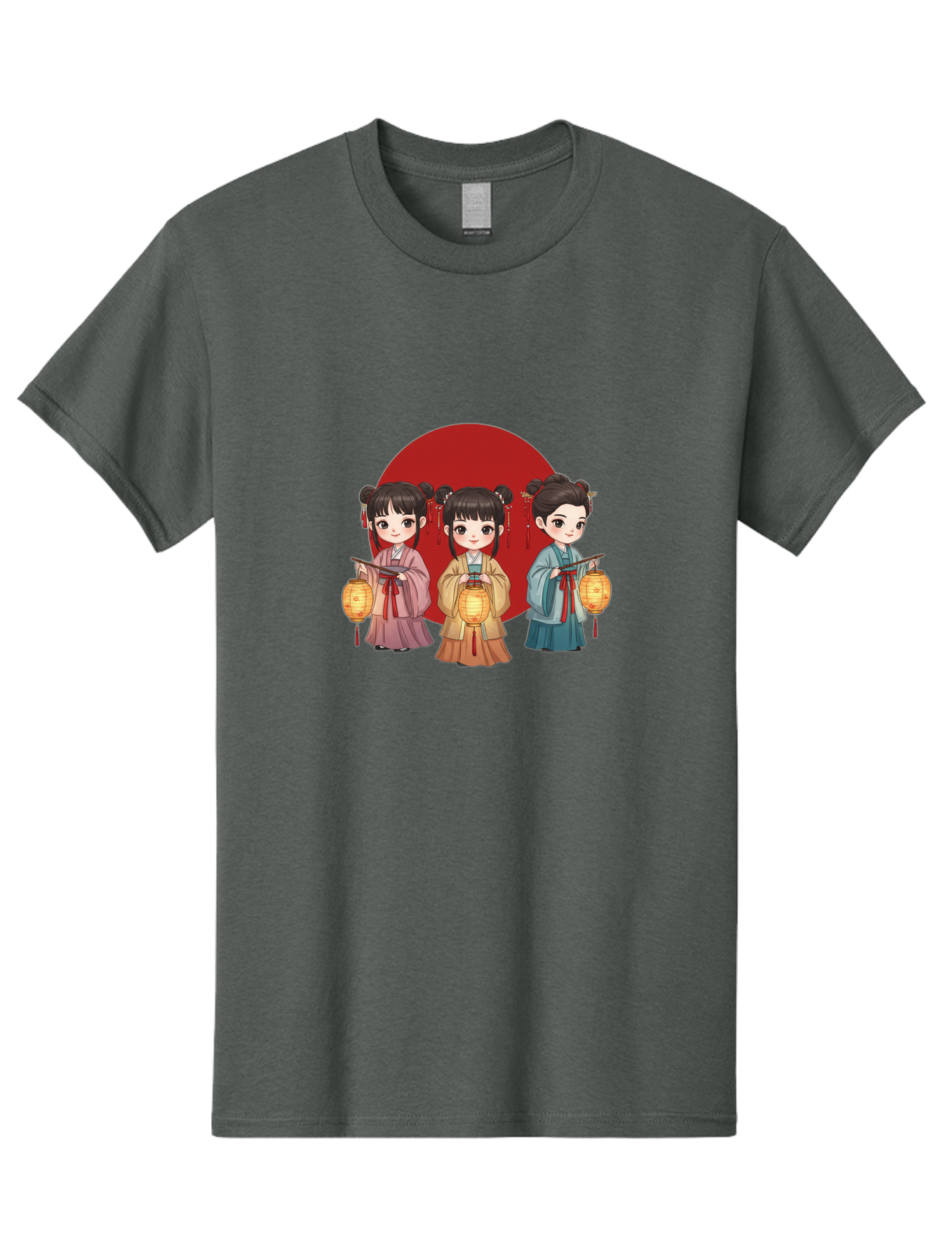 Three-Girls-With-Lanterns Men'S Graphic Tee, 100% Cotton, Comfortable Casual Summer Wear, Machine Washable, Traditional Chinese Clothing, Young Girls, Lanterns, Festive Atmosphere, Cultural Heritage, Red Circle, Chinese New Year, Celebration, Bad838