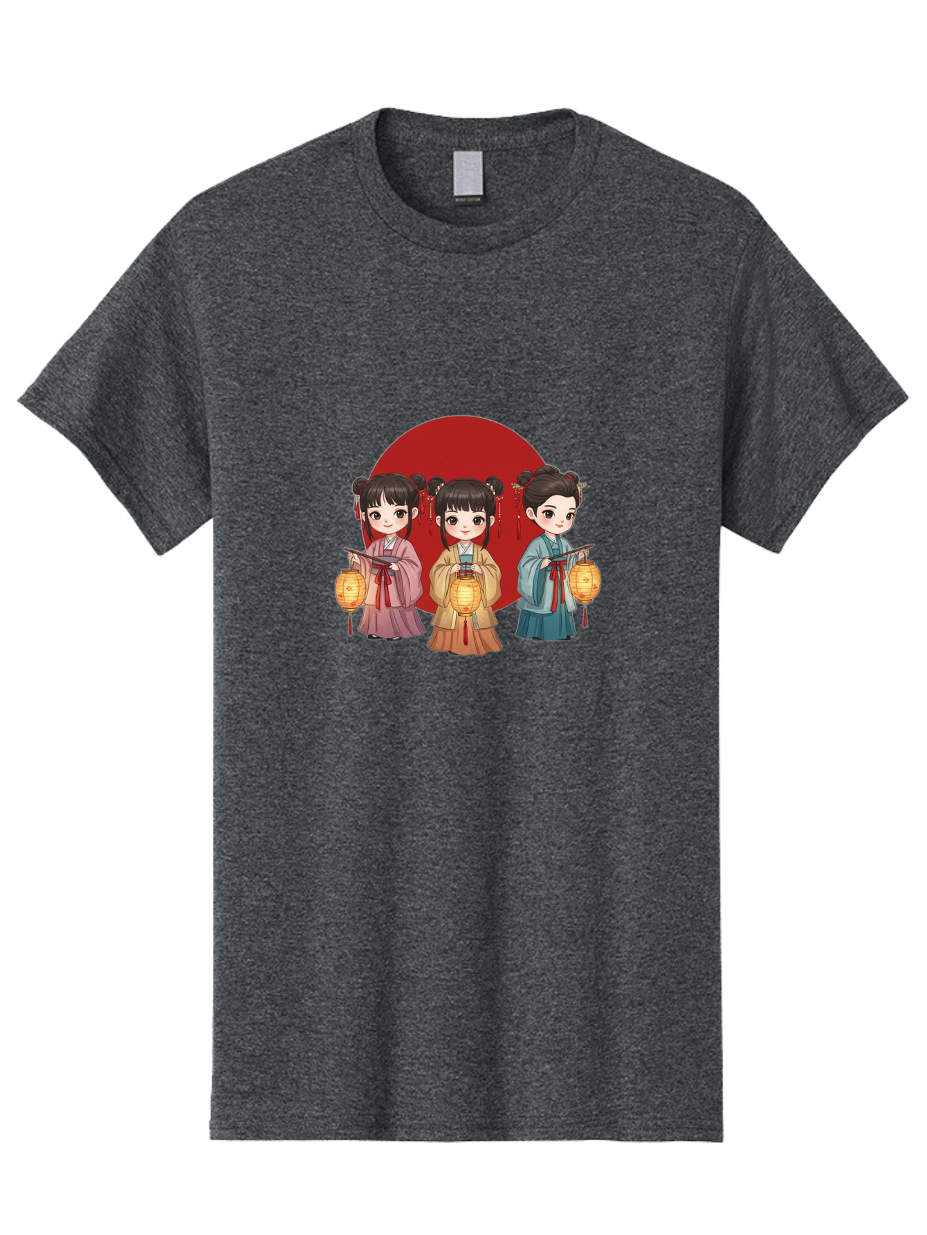 Three-Girls-With-Lanterns Men'S Graphic Tee, 100% Cotton, Comfortable Casual Summer Wear, Machine Washable, Traditional Chinese Clothing, Young Girls, Lanterns, Festive Atmosphere, Cultural Heritage, Red Circle, Chinese New Year, Celebration, Bad838