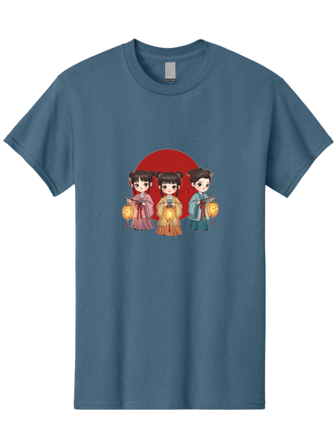 Three-Girls-With-Lanterns Men'S Graphic Tee, 100% Cotton, Comfortable Casual Summer Wear, Machine Washable, Traditional Chinese Clothing, Young Girls, Lanterns, Festive Atmosphere, Cultural Heritage, Red Circle, Chinese New Year, Celebration, Bad838
