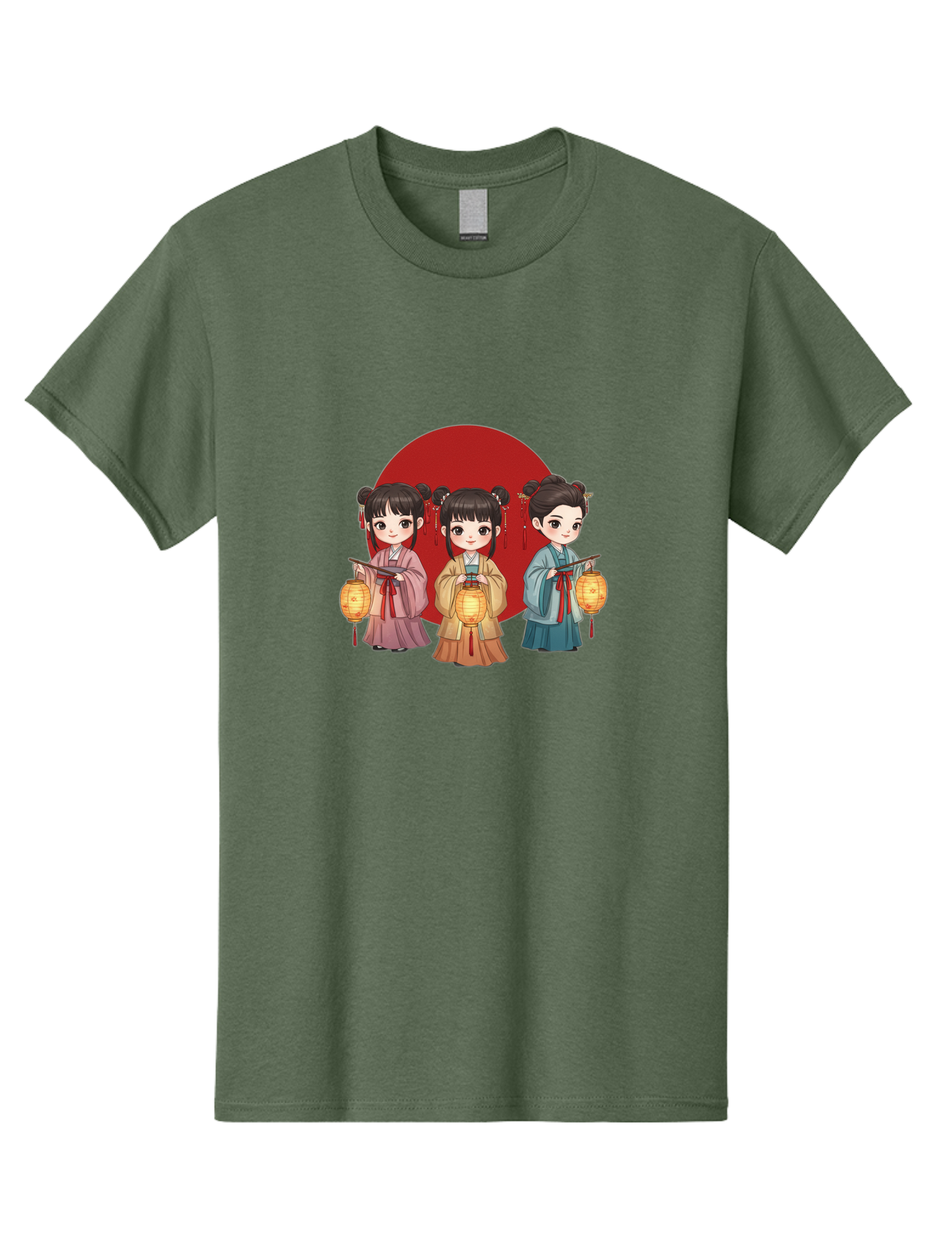 Three-Girls-With-Lanterns Men'S Graphic Tee, 100% Cotton, Comfortable Casual Summer Wear, Machine Washable, Traditional Chinese Clothing, Young Girls, Lanterns, Festive Atmosphere, Cultural Heritage, Red Circle, Chinese New Year, Celebration, Bad838
