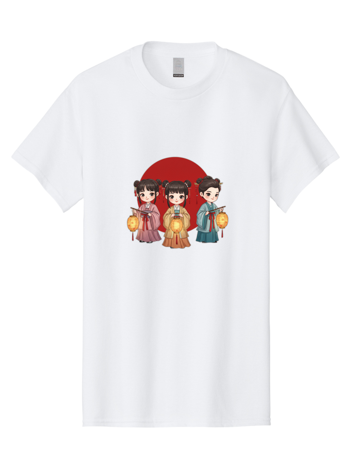 Three-Girls-With-Lanterns Men'S Graphic Tee, 100% Cotton, Comfortable Casual Summer Wear, Machine Washable, Traditional Chinese Clothing, Young Girls, Lanterns, Festive Atmosphere, Cultural Heritage, Red Circle, Chinese New Year, Celebration, Bad838