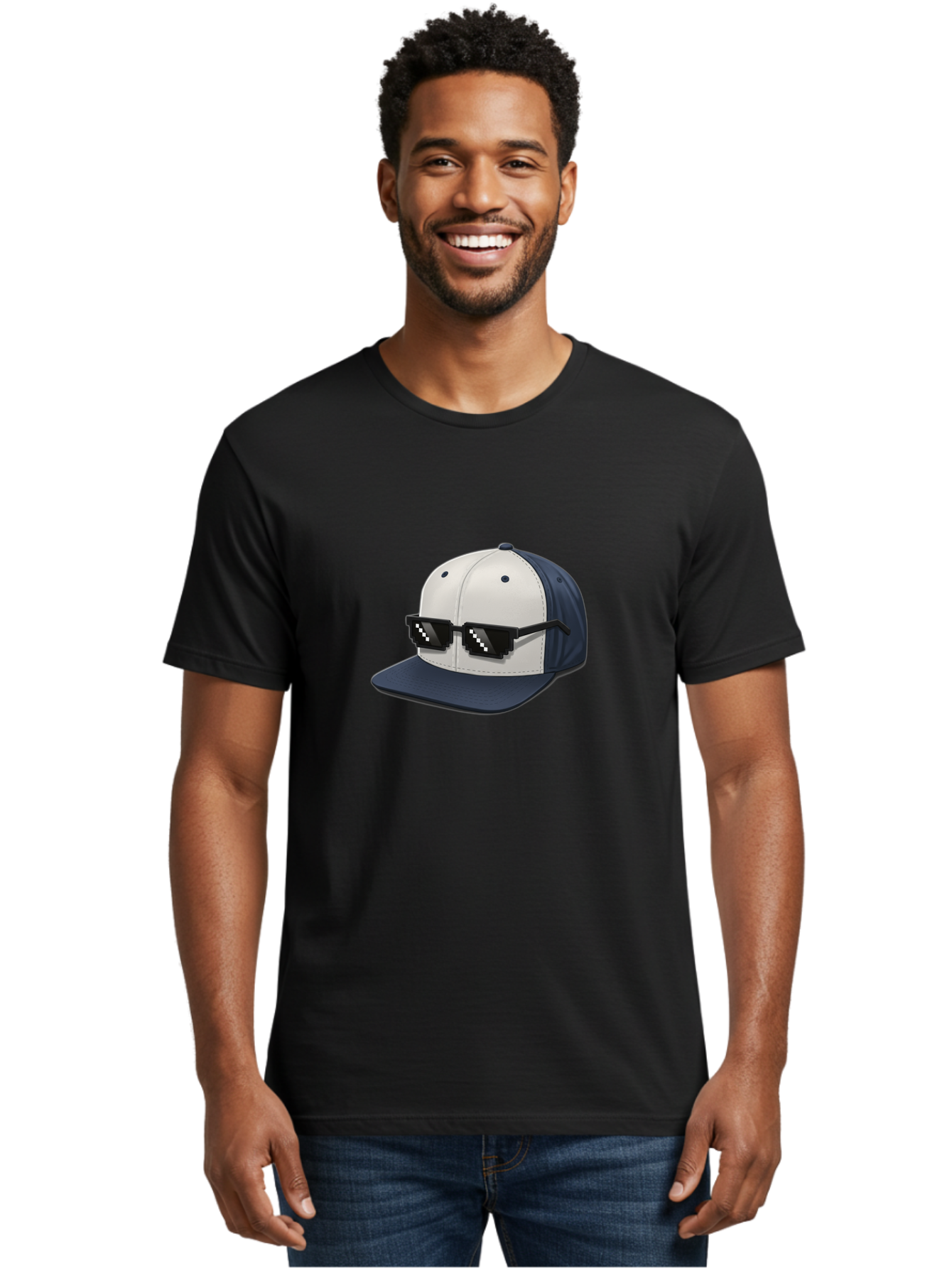 Thug-Life-Cap Men'S Graphic Tee, 100% Cotton, Comfortable Casual Summer Wear, Machine Washable, Baseball Cap, Thug Life, Pixelated Sunglasses, Trendy Fashion, Streetwear Style, Cool Accessories, Urban Clothing, Casual Wear, Modern Design, Bad839