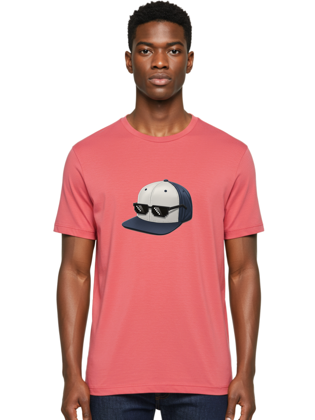 Thug-Life-Cap Men'S Graphic Tee, 100% Cotton, Comfortable Casual Summer Wear, Machine Washable, Baseball Cap, Thug Life, Pixelated Sunglasses, Trendy Fashion, Streetwear Style, Cool Accessories, Urban Clothing, Casual Wear, Modern Design, Bad839