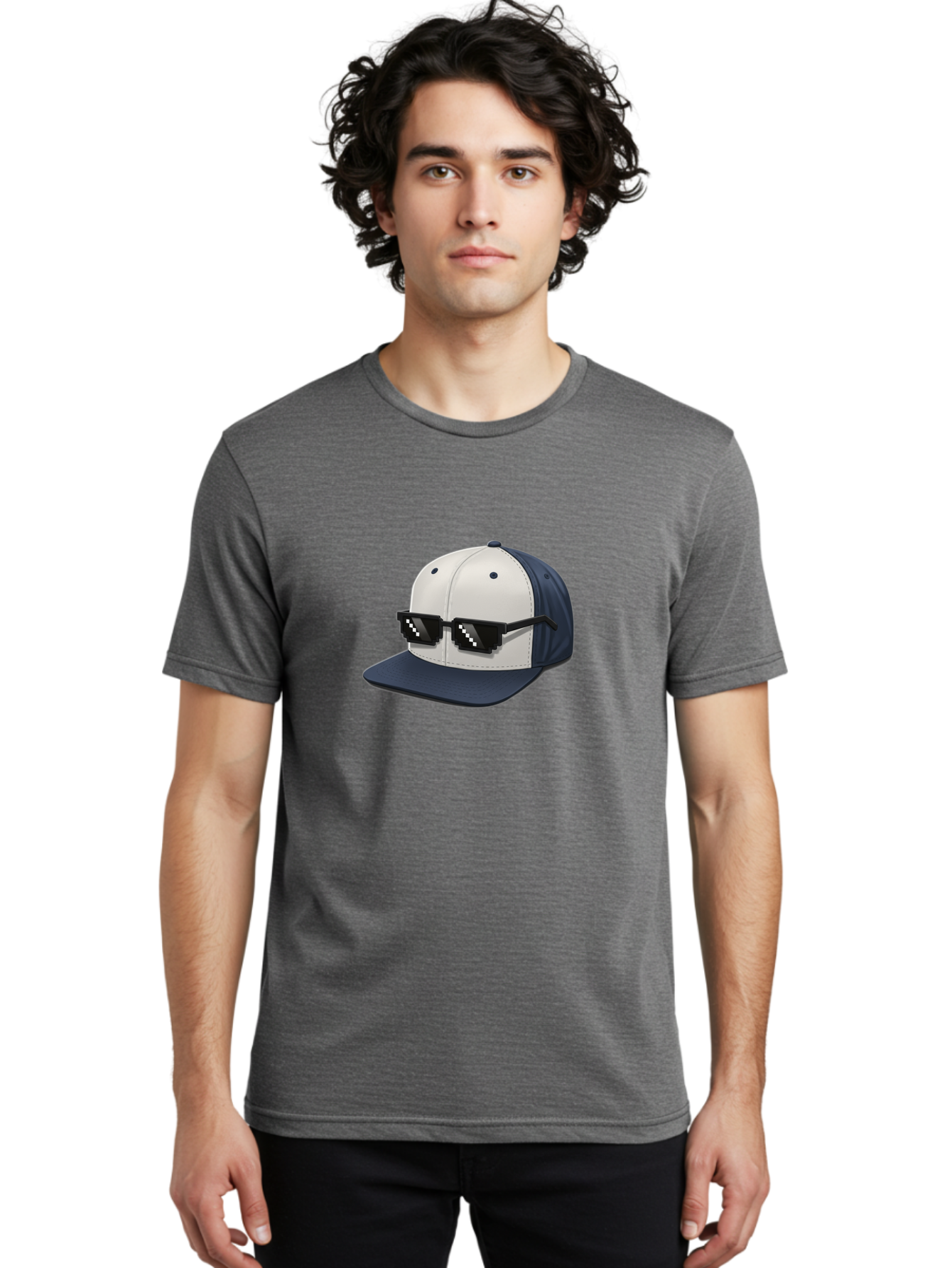 Thug-Life-Cap Men'S Graphic Tee, 100% Cotton, Comfortable Casual Summer Wear, Machine Washable, Baseball Cap, Thug Life, Pixelated Sunglasses, Trendy Fashion, Streetwear Style, Cool Accessories, Urban Clothing, Casual Wear, Modern Design, Bad839