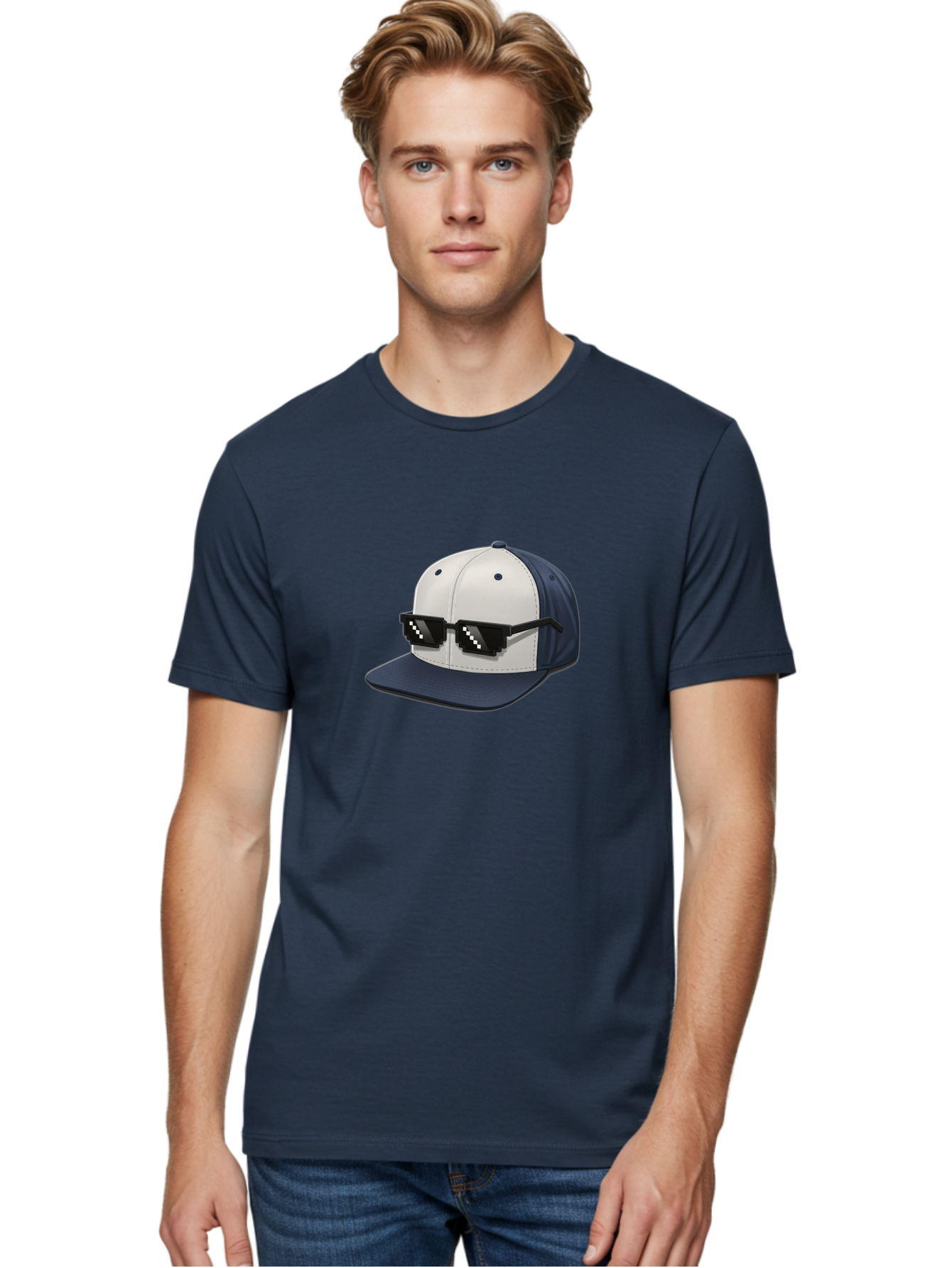 Thug-Life-Cap Men'S Graphic Tee, 100% Cotton, Comfortable Casual Summer Wear, Machine Washable, Baseball Cap, Thug Life, Pixelated Sunglasses, Trendy Fashion, Streetwear Style, Cool Accessories, Urban Clothing, Casual Wear, Modern Design, Bad839