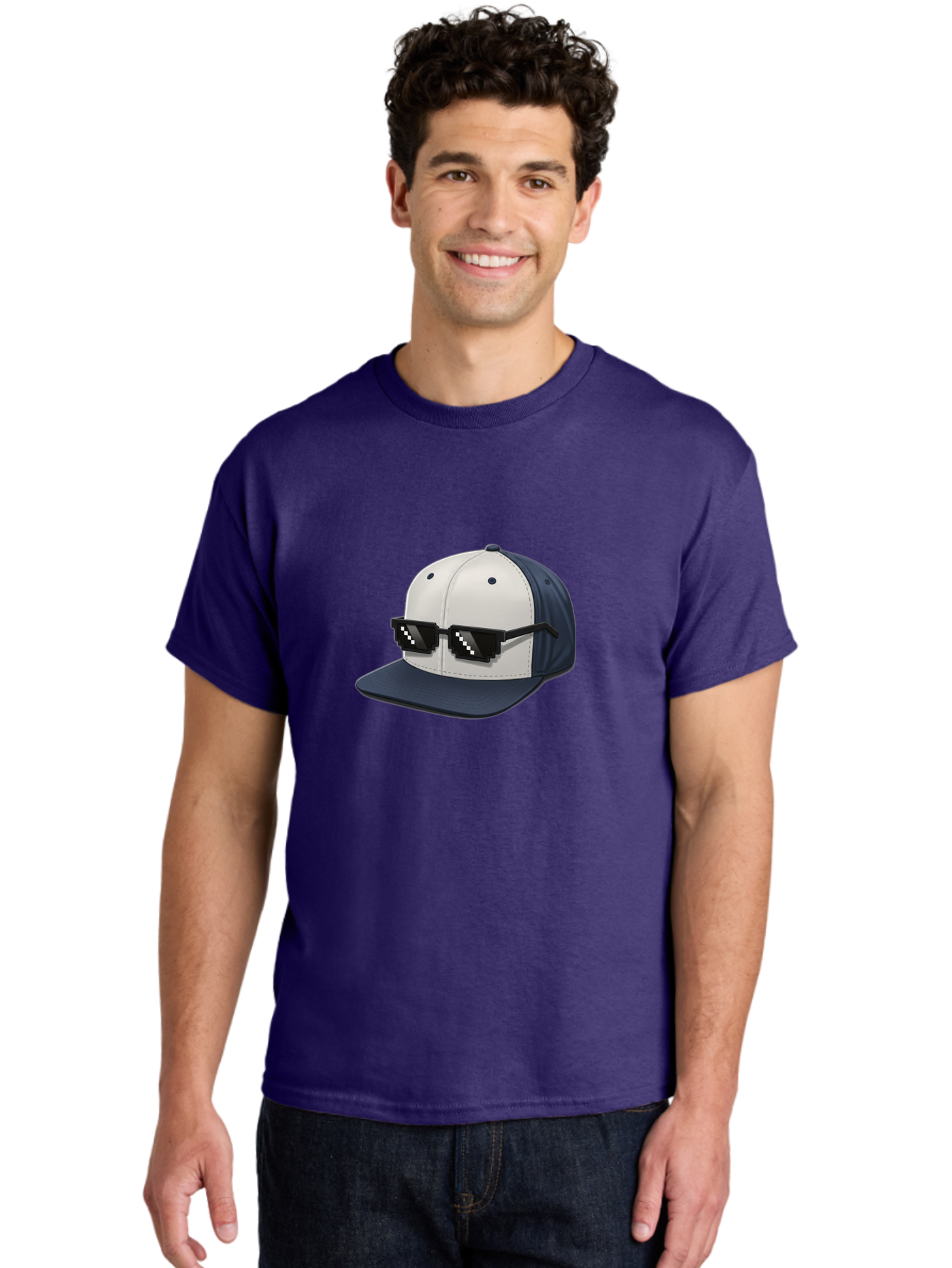 Thug-Life-Cap Men'S Graphic Tee, 100% Cotton, Comfortable Casual Summer Wear, Machine Washable, Baseball Cap, Thug Life, Pixelated Sunglasses, Trendy Fashion, Streetwear Style, Cool Accessories, Urban Clothing, Casual Wear, Modern Design, Bad839