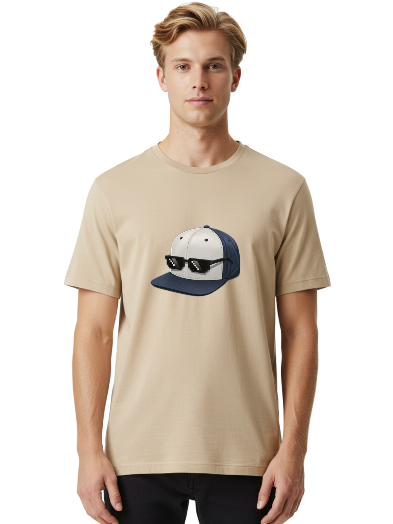Thug-Life-Cap Men'S Graphic Tee, 100% Cotton, Comfortable Casual Summer Wear, Machine Washable, Baseball Cap, Thug Life, Pixelated Sunglasses, Trendy Fashion, Streetwear Style, Cool Accessories, Urban Clothing, Casual Wear, Modern Design, Bad839