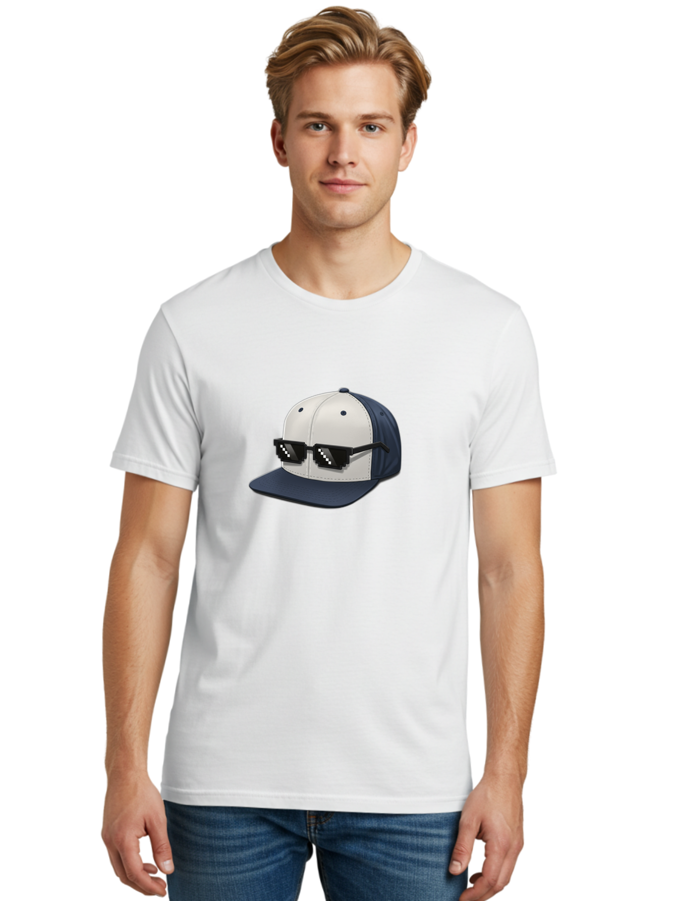 Thug-Life-Cap Men'S Graphic Tee, 100% Cotton, Comfortable Casual Summer Wear, Machine Washable, Baseball Cap, Thug Life, Pixelated Sunglasses, Trendy Fashion, Streetwear Style, Cool Accessories, Urban Clothing, Casual Wear, Modern Design, Bad839