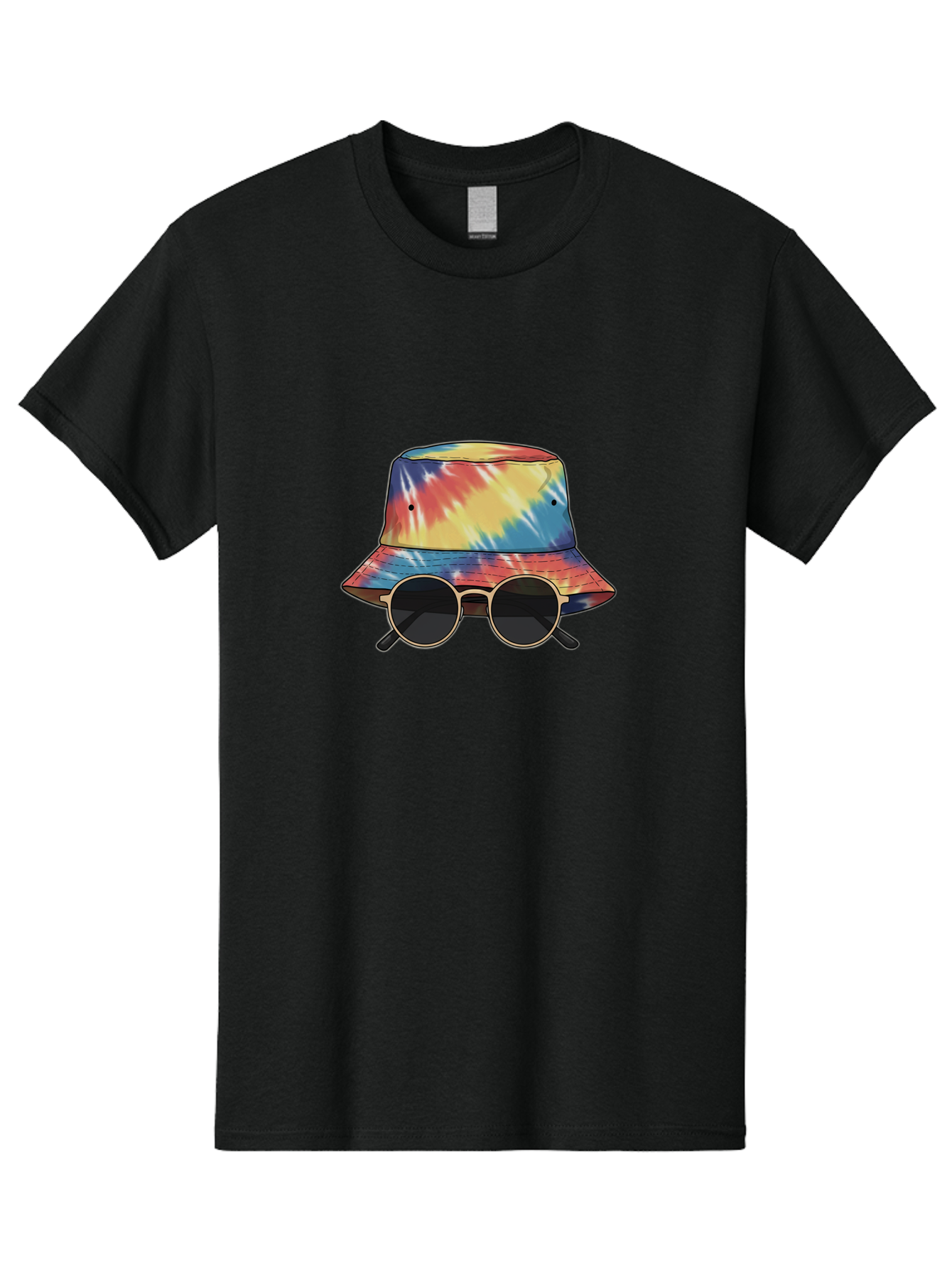 Tie-Dye-Bucket-Hat-And-Sunglasses Men'S Graphic Tee, 100% Cotton, Comfortable Casual Summer Wear, Machine Washable, Tie Dye Bucket Hat, Sunglasses, Round Shades, Colorful Accessories, Fashion Statement, Hippie Chic, Trendy Wear, Hipster Style, Bad840
