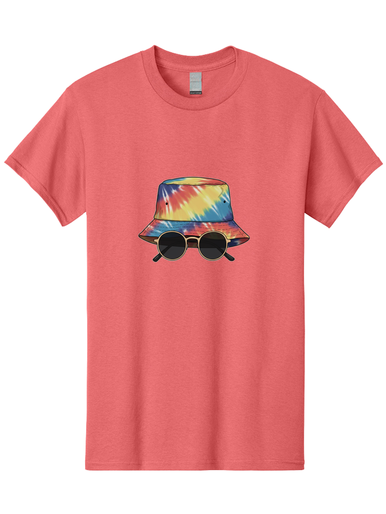 Tie-Dye-Bucket-Hat-And-Sunglasses Men'S Graphic Tee, 100% Cotton, Comfortable Casual Summer Wear, Machine Washable, Tie Dye Bucket Hat, Sunglasses, Round Shades, Colorful Accessories, Fashion Statement, Hippie Chic, Trendy Wear, Hipster Style, Bad840