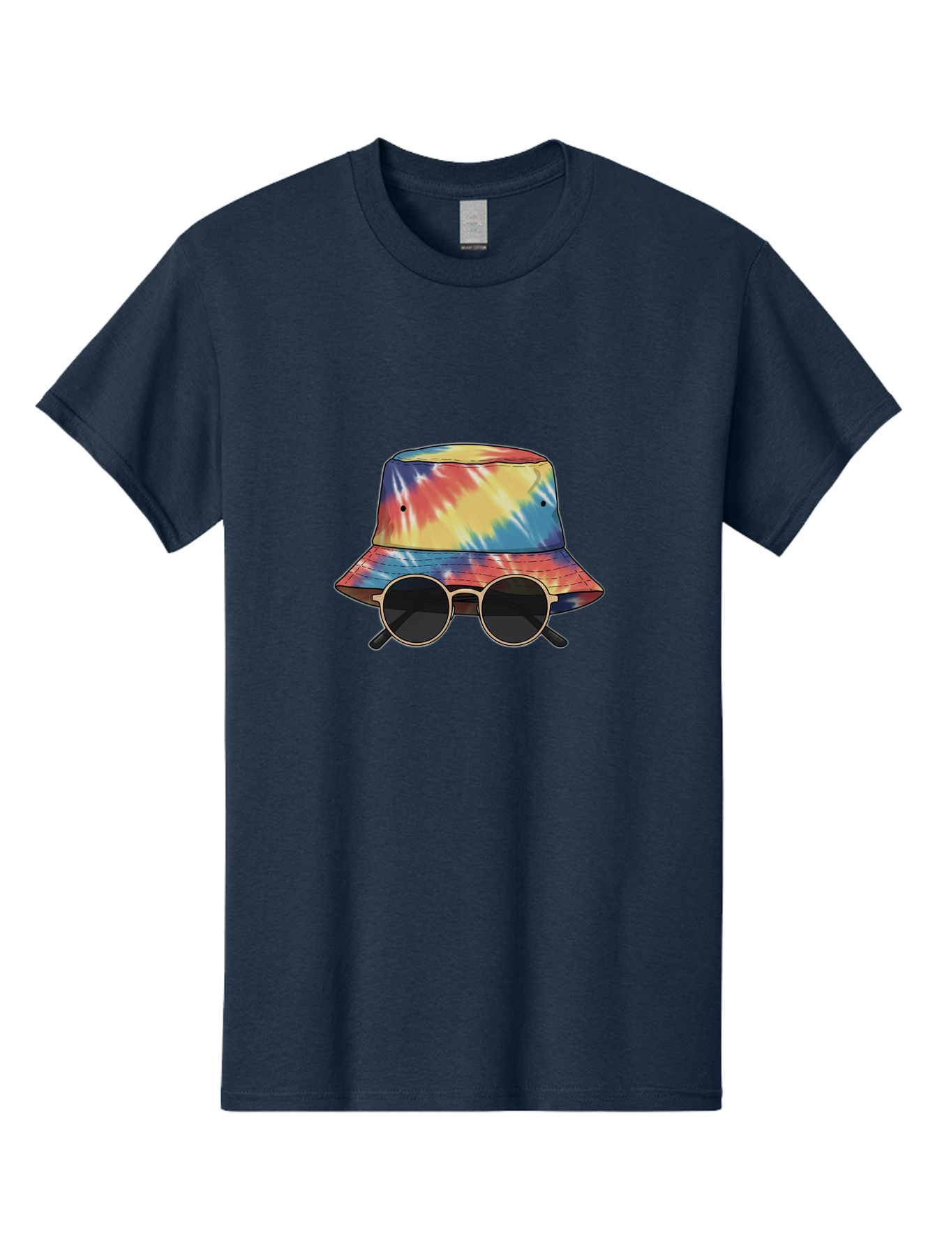 Tie-Dye-Bucket-Hat-And-Sunglasses Men'S Graphic Tee, 100% Cotton, Comfortable Casual Summer Wear, Machine Washable, Tie Dye Bucket Hat, Sunglasses, Round Shades, Colorful Accessories, Fashion Statement, Hippie Chic, Trendy Wear, Hipster Style, Bad840