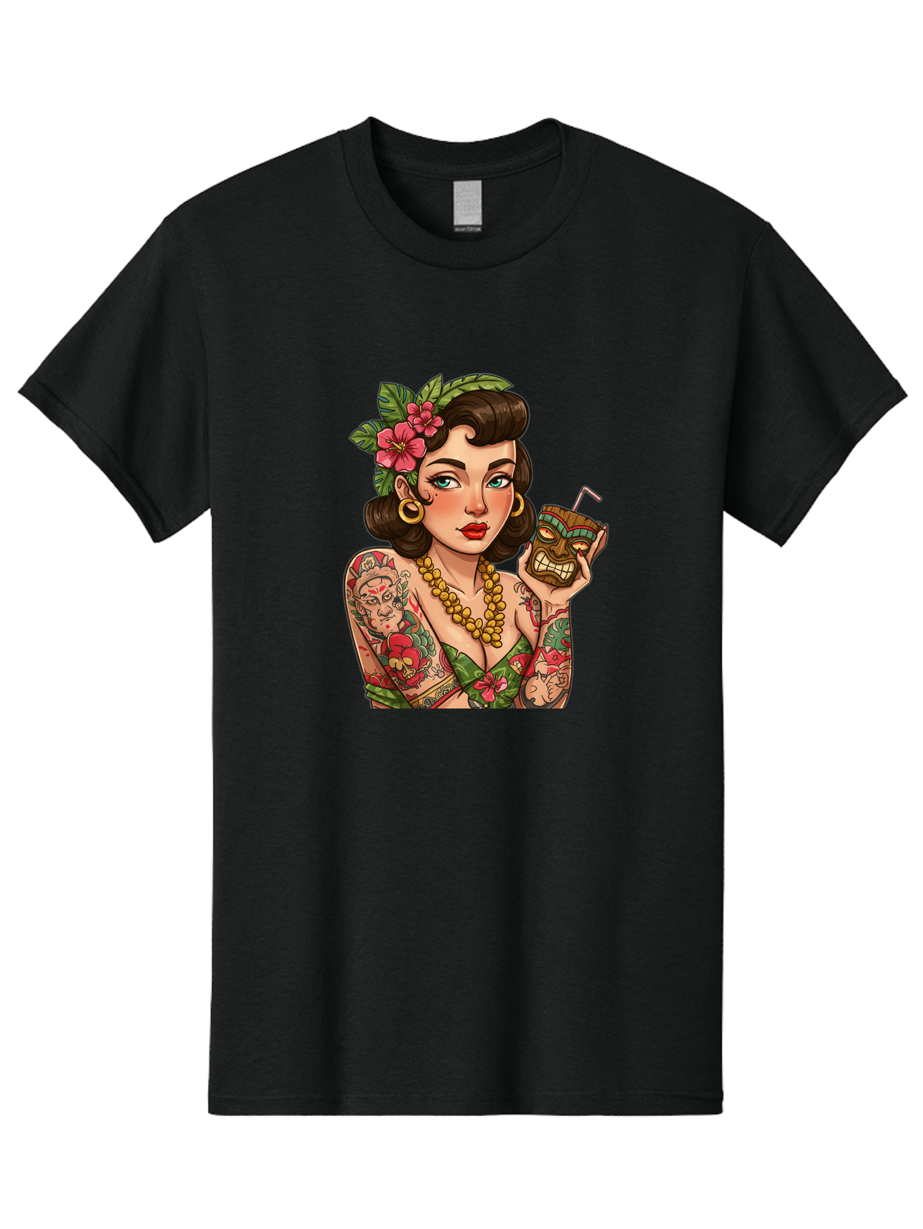 Tiki-Girl Men'S Graphic Tee, 100% Cotton, Comfortable Casual Summer Wear, Machine Washable, Tattooed Pin-Up Girl, Vintage Style, Tropical Drink, Floral Crown, Bold Jewelry, Colorful Tattoos, Retro Charm, Summer Vibes Bad842