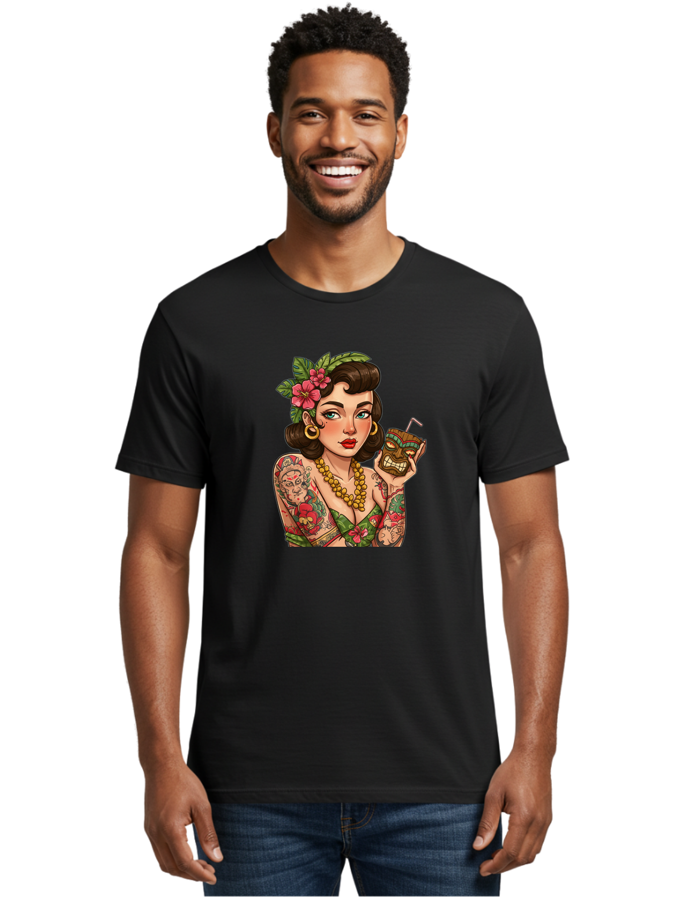 Tiki-Girl Men'S Graphic Tee, 100% Cotton, Comfortable Casual Summer Wear, Machine Washable, Tattooed Pin-Up Girl, Vintage Style, Tropical Drink, Floral Crown, Bold Jewelry, Colorful Tattoos, Retro Charm, Summer Vibes Bad842