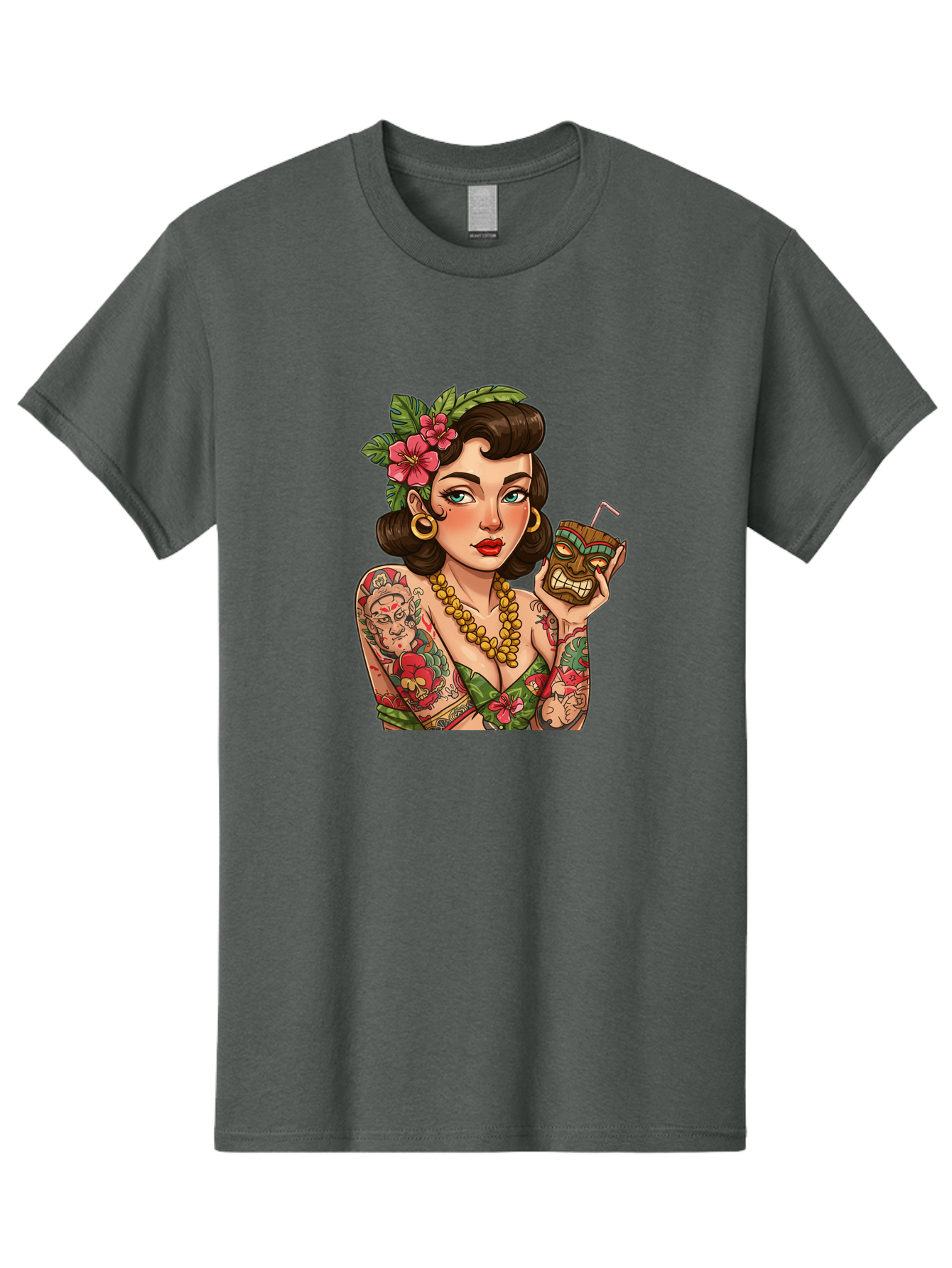 Tiki-Girl Men'S Graphic Tee, 100% Cotton, Comfortable Casual Summer Wear, Machine Washable, Tattooed Pin-Up Girl, Vintage Style, Tropical Drink, Floral Crown, Bold Jewelry, Colorful Tattoos, Retro Charm, Summer Vibes Bad842
