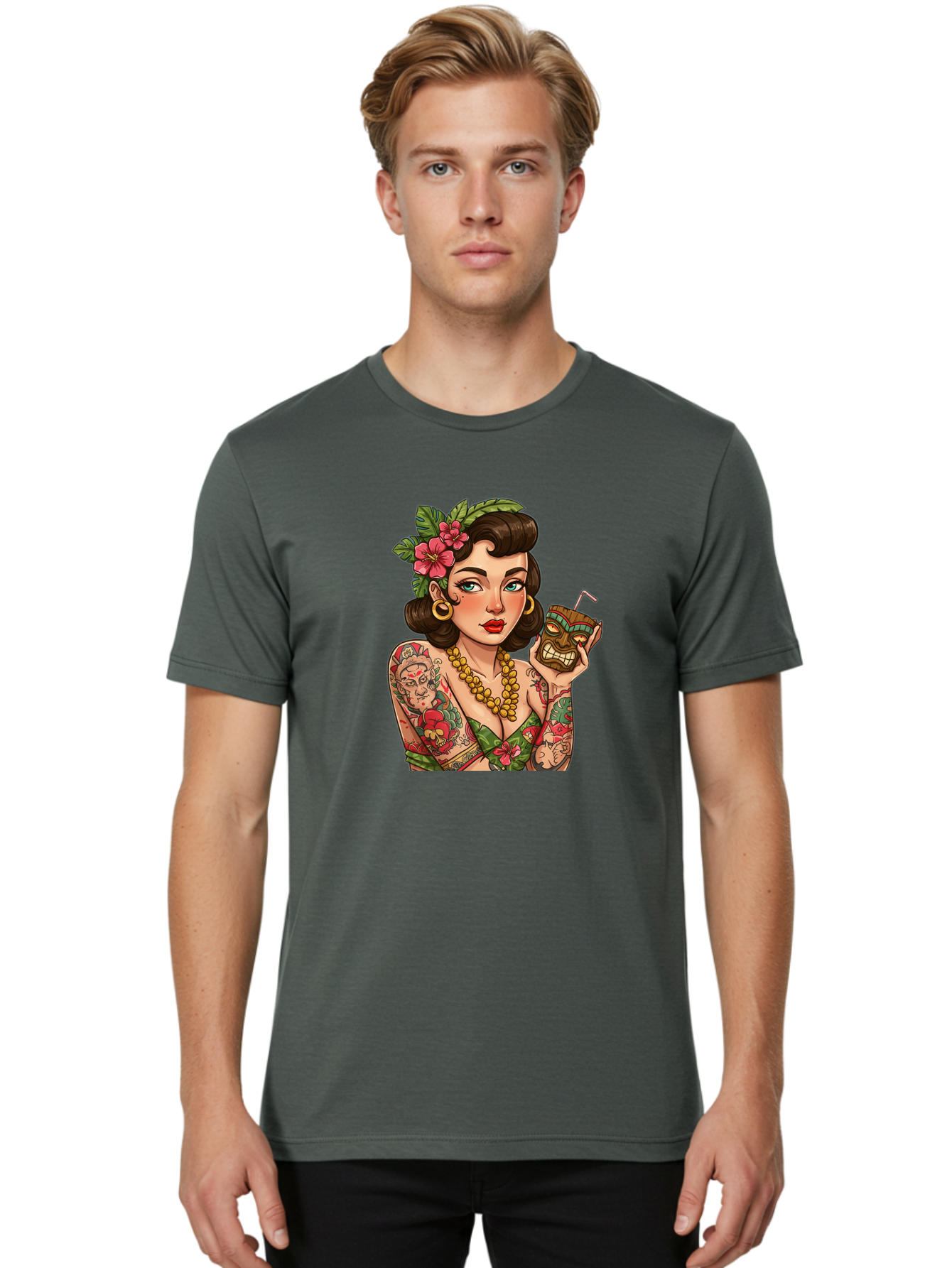 Tiki-Girl Men'S Graphic Tee, 100% Cotton, Comfortable Casual Summer Wear, Machine Washable, Tattooed Pin-Up Girl, Vintage Style, Tropical Drink, Floral Crown, Bold Jewelry, Colorful Tattoos, Retro Charm, Summer Vibes Bad842