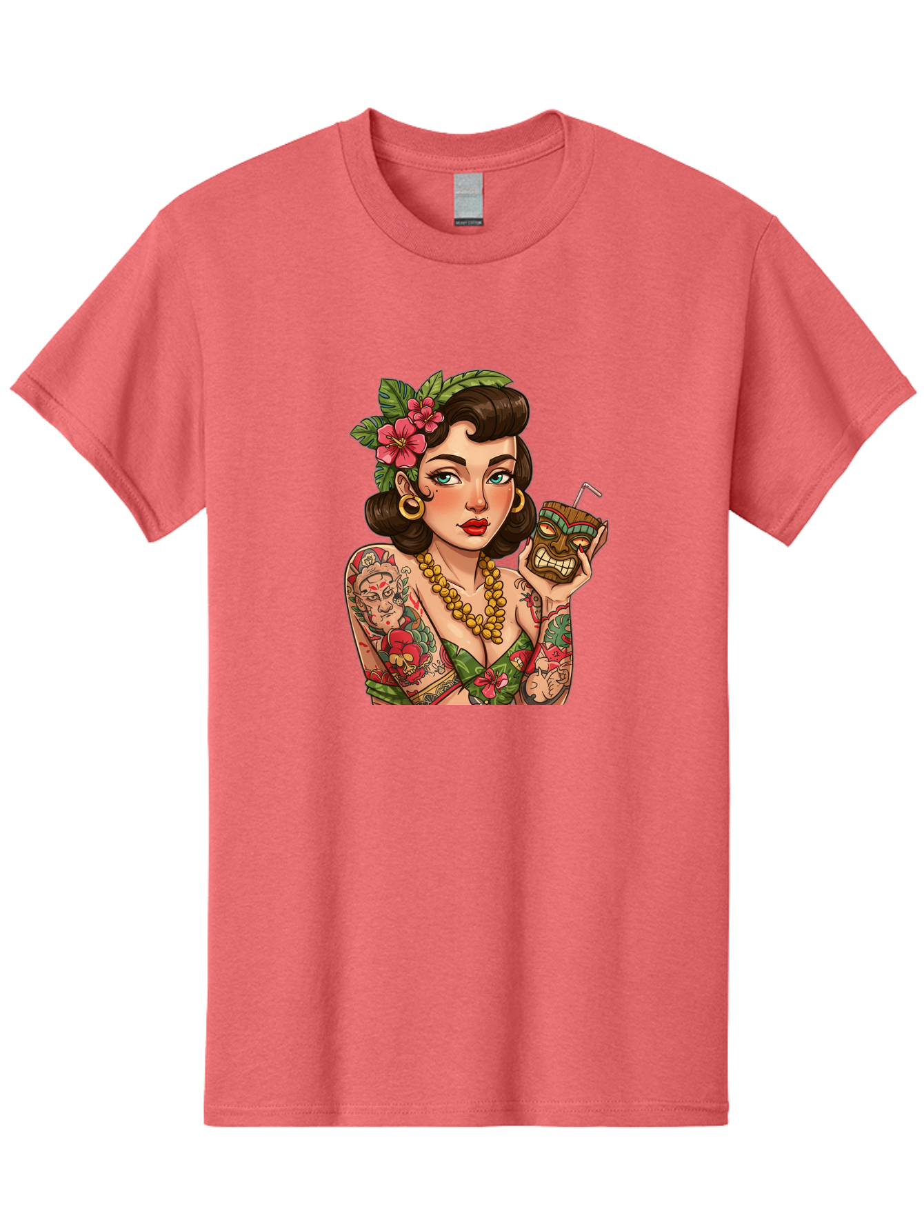 Tiki-Girl Men'S Graphic Tee, 100% Cotton, Comfortable Casual Summer Wear, Machine Washable, Tattooed Pin-Up Girl, Vintage Style, Tropical Drink, Floral Crown, Bold Jewelry, Colorful Tattoos, Retro Charm, Summer Vibes Bad842