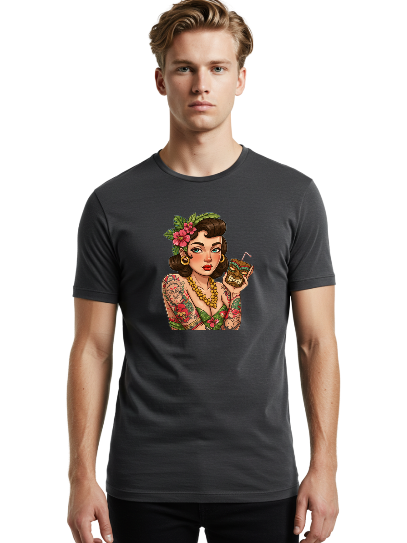 Tiki-Girl Men'S Graphic Tee, 100% Cotton, Comfortable Casual Summer Wear, Machine Washable, Tattooed Pin-Up Girl, Vintage Style, Tropical Drink, Floral Crown, Bold Jewelry, Colorful Tattoos, Retro Charm, Summer Vibes Bad842
