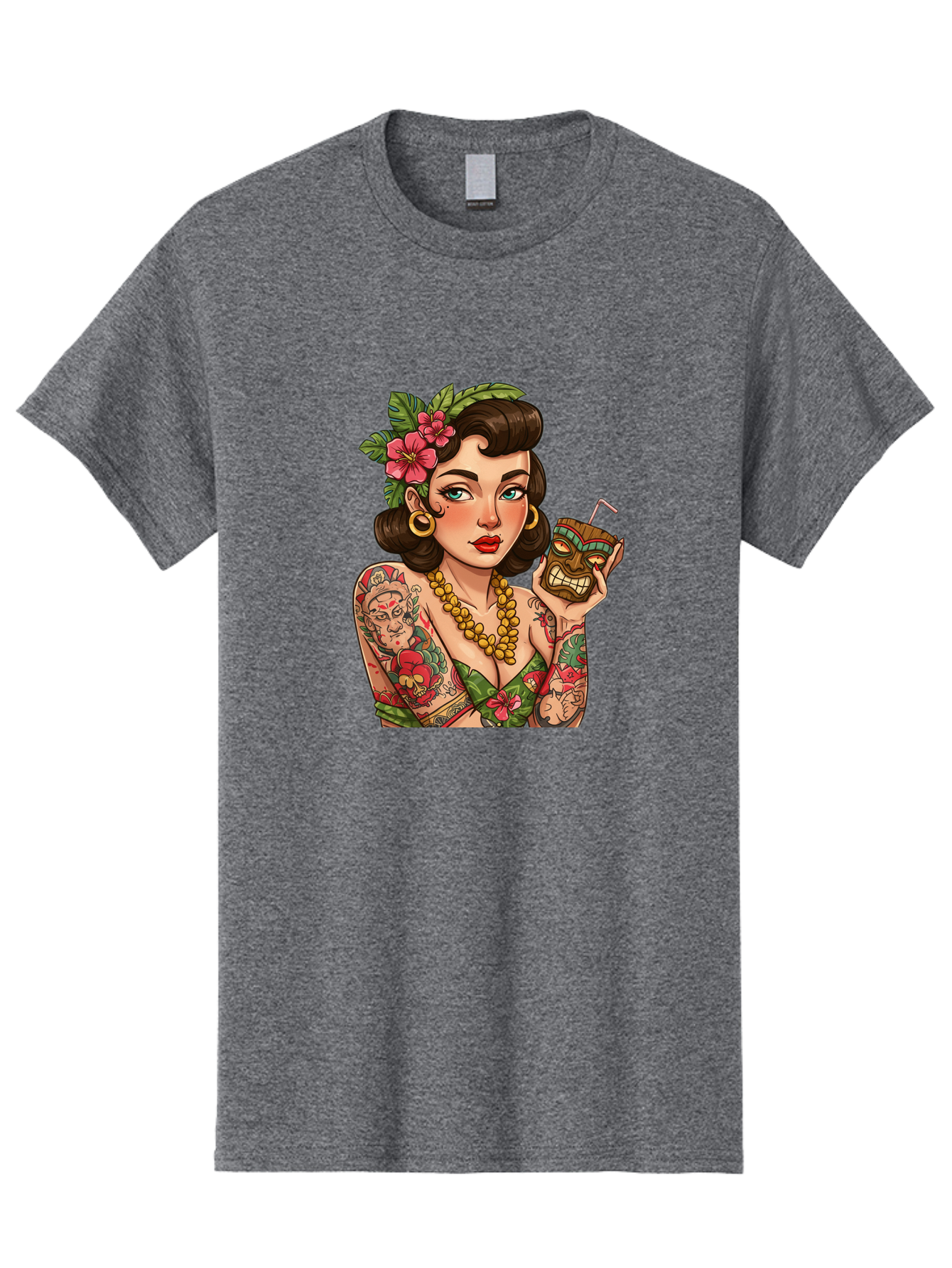 Tiki-Girl Men'S Graphic Tee, 100% Cotton, Comfortable Casual Summer Wear, Machine Washable, Tattooed Pin-Up Girl, Vintage Style, Tropical Drink, Floral Crown, Bold Jewelry, Colorful Tattoos, Retro Charm, Summer Vibes Bad842