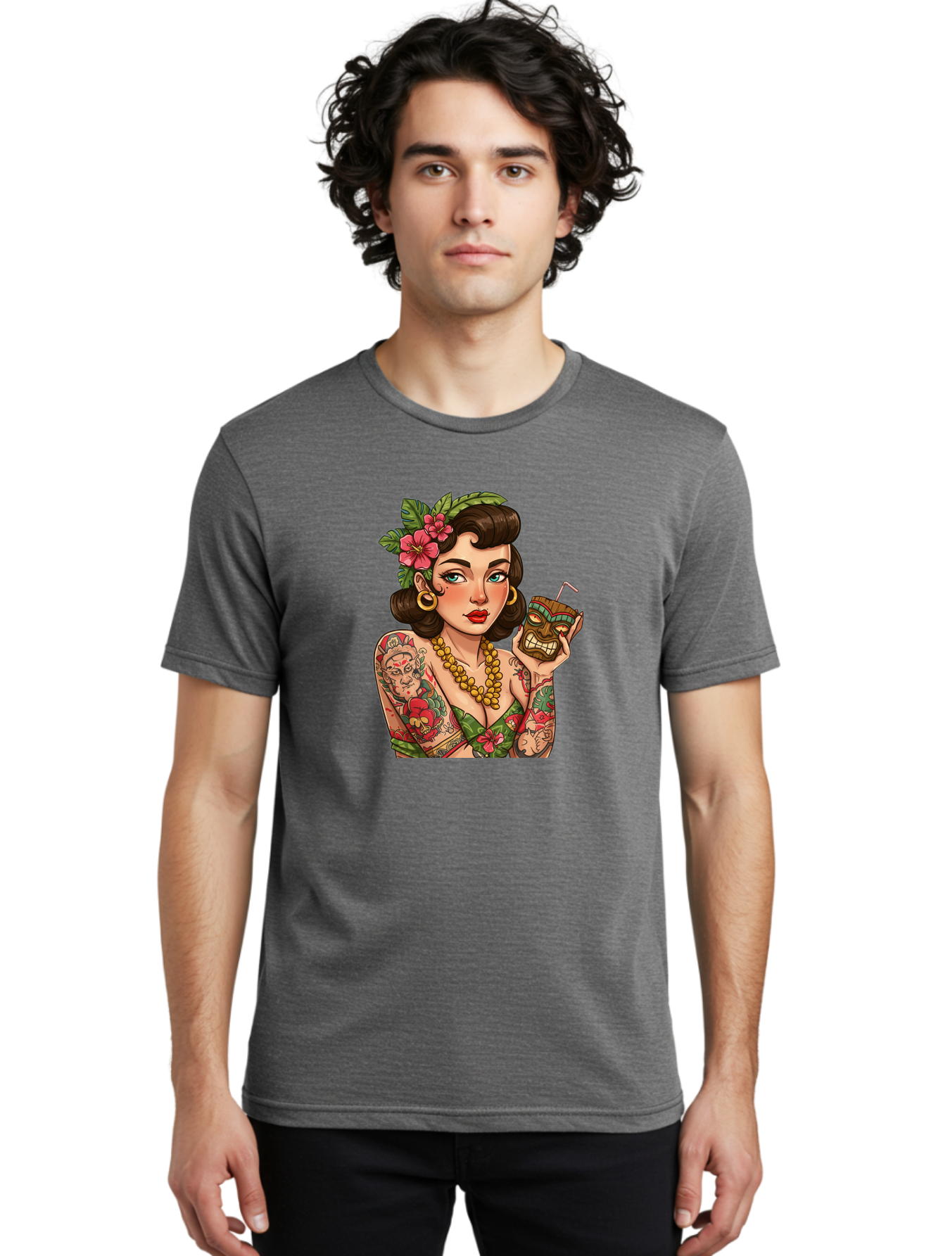 Tiki-Girl Men'S Graphic Tee, 100% Cotton, Comfortable Casual Summer Wear, Machine Washable, Tattooed Pin-Up Girl, Vintage Style, Tropical Drink, Floral Crown, Bold Jewelry, Colorful Tattoos, Retro Charm, Summer Vibes Bad842