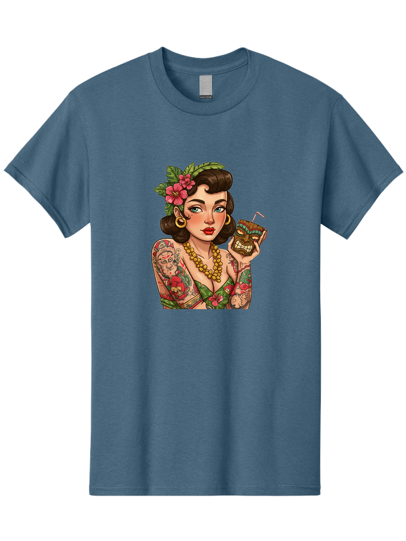 Tiki-Girl Men'S Graphic Tee, 100% Cotton, Comfortable Casual Summer Wear, Machine Washable, Tattooed Pin-Up Girl, Vintage Style, Tropical Drink, Floral Crown, Bold Jewelry, Colorful Tattoos, Retro Charm, Summer Vibes Bad842