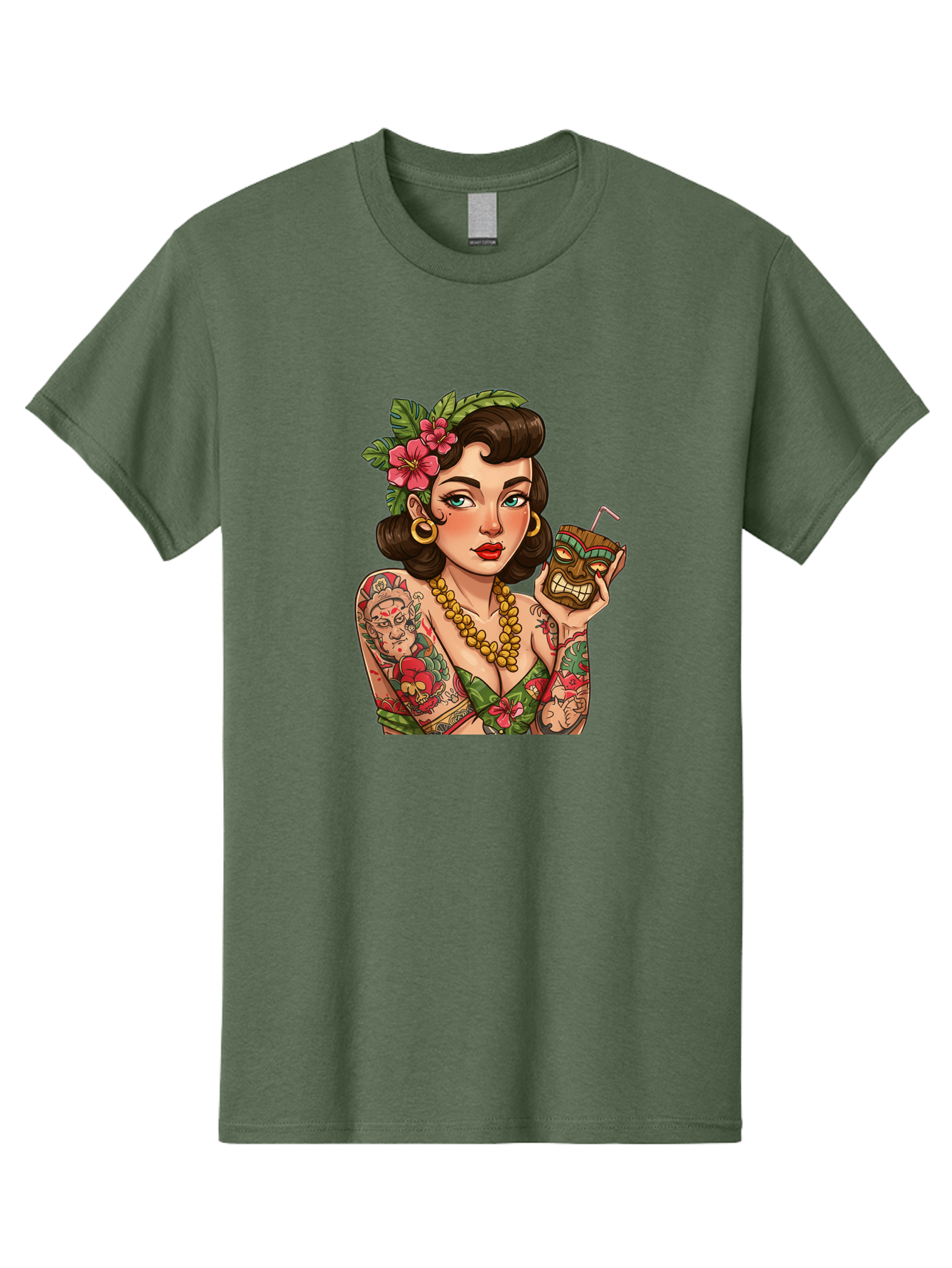 Tiki-Girl Men'S Graphic Tee, 100% Cotton, Comfortable Casual Summer Wear, Machine Washable, Tattooed Pin-Up Girl, Vintage Style, Tropical Drink, Floral Crown, Bold Jewelry, Colorful Tattoos, Retro Charm, Summer Vibes Bad842