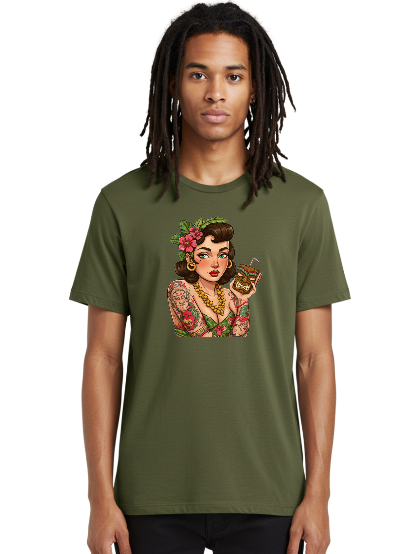 Tiki-Girl Men'S Graphic Tee, 100% Cotton, Comfortable Casual Summer Wear, Machine Washable, Tattooed Pin-Up Girl, Vintage Style, Tropical Drink, Floral Crown, Bold Jewelry, Colorful Tattoos, Retro Charm, Summer Vibes Bad842