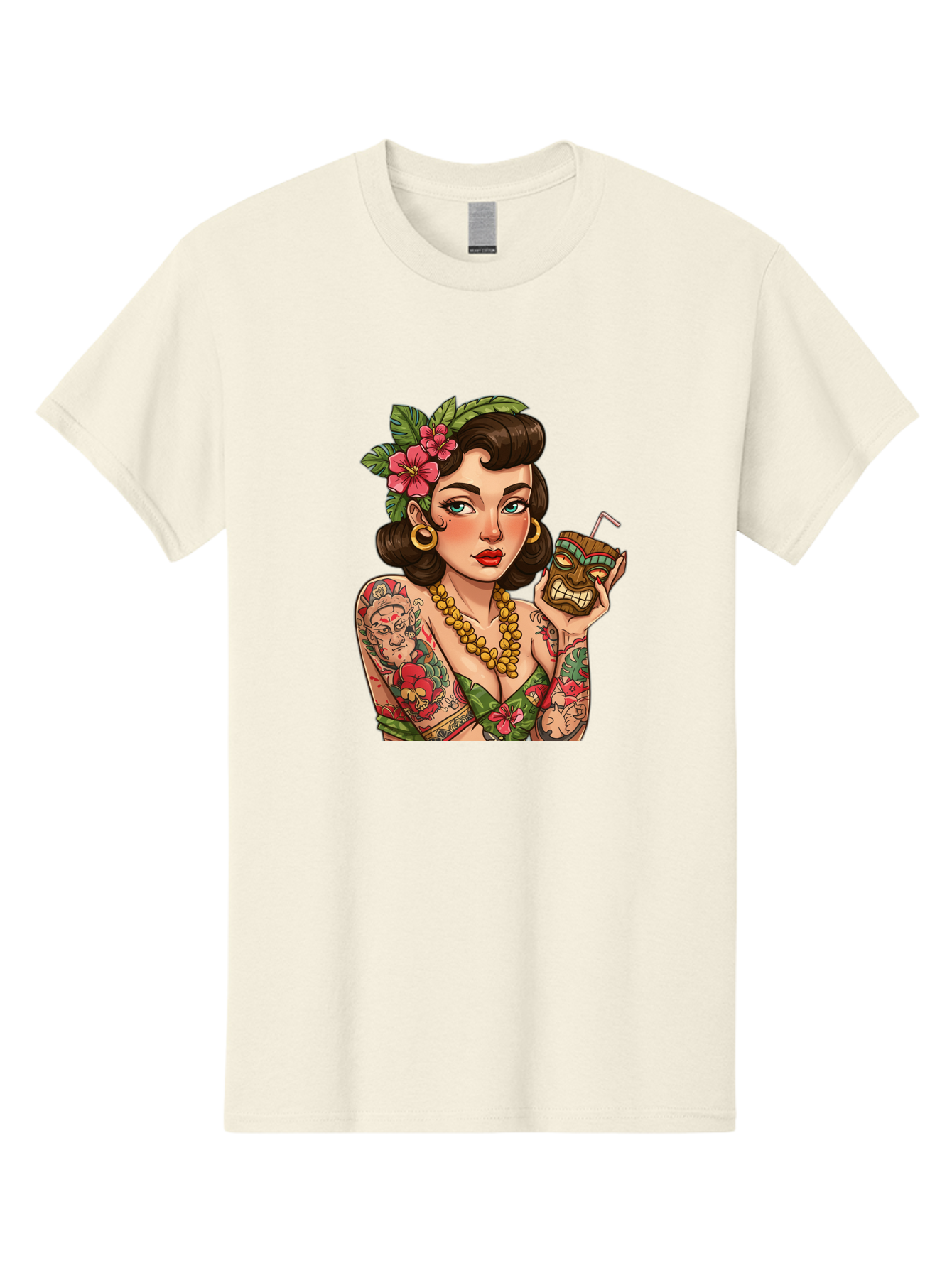 Tiki-Girl Men'S Graphic Tee, 100% Cotton, Comfortable Casual Summer Wear, Machine Washable, Tattooed Pin-Up Girl, Vintage Style, Tropical Drink, Floral Crown, Bold Jewelry, Colorful Tattoos, Retro Charm, Summer Vibes Bad842