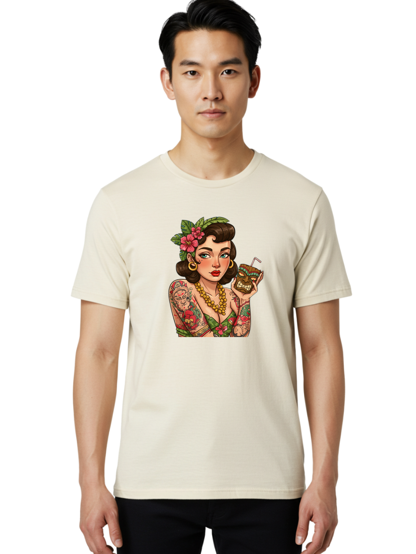 Tiki-Girl Men'S Graphic Tee, 100% Cotton, Comfortable Casual Summer Wear, Machine Washable, Tattooed Pin-Up Girl, Vintage Style, Tropical Drink, Floral Crown, Bold Jewelry, Colorful Tattoos, Retro Charm, Summer Vibes Bad842