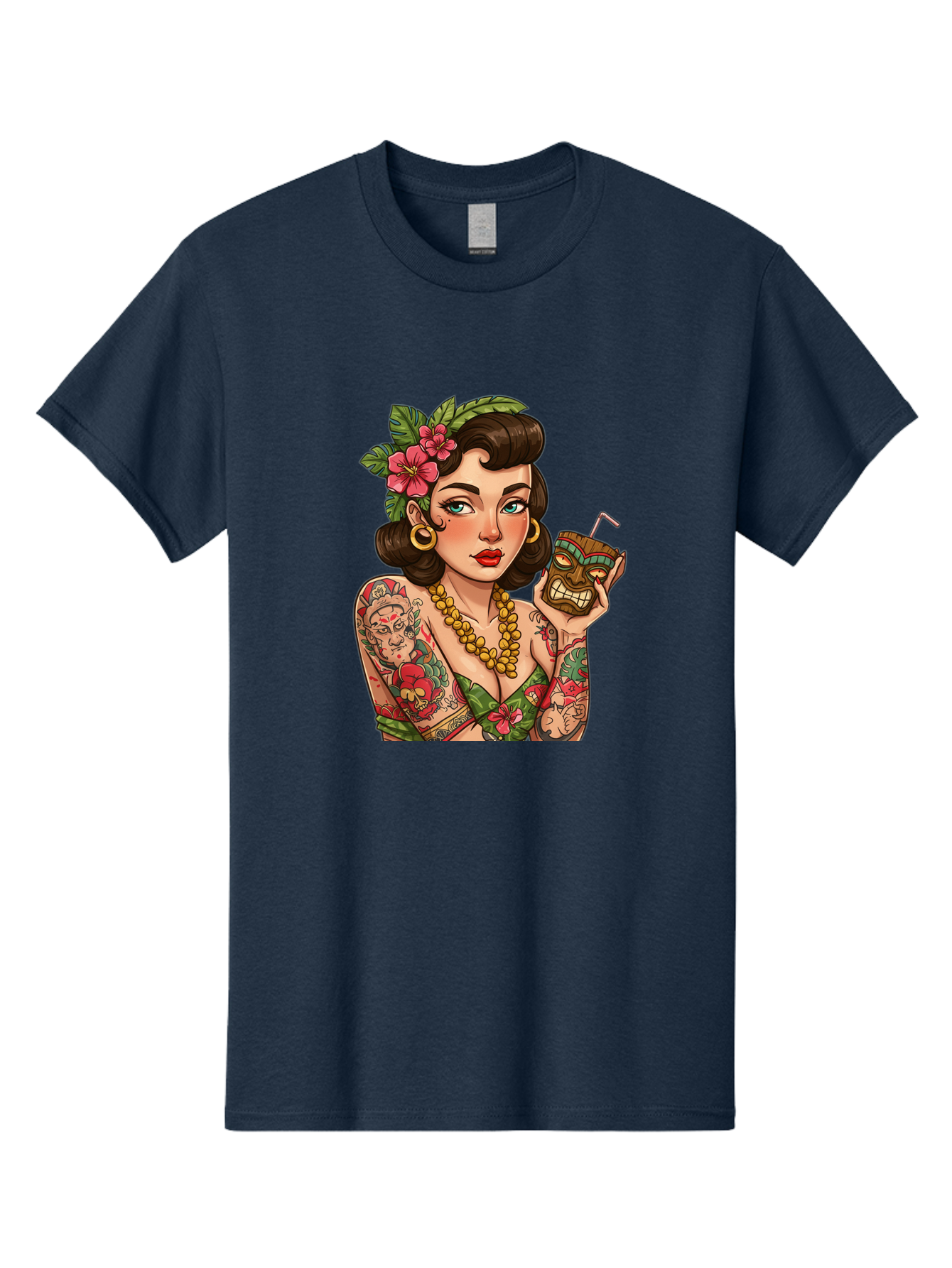 Tiki-Girl Men'S Graphic Tee, 100% Cotton, Comfortable Casual Summer Wear, Machine Washable, Tattooed Pin-Up Girl, Vintage Style, Tropical Drink, Floral Crown, Bold Jewelry, Colorful Tattoos, Retro Charm, Summer Vibes Bad842