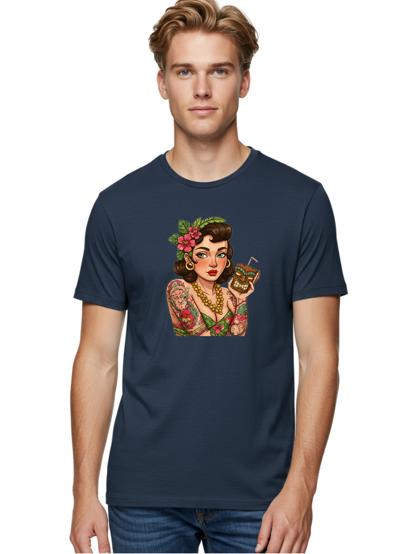 Tiki-Girl Men'S Graphic Tee, 100% Cotton, Comfortable Casual Summer Wear, Machine Washable, Tattooed Pin-Up Girl, Vintage Style, Tropical Drink, Floral Crown, Bold Jewelry, Colorful Tattoos, Retro Charm, Summer Vibes Bad842