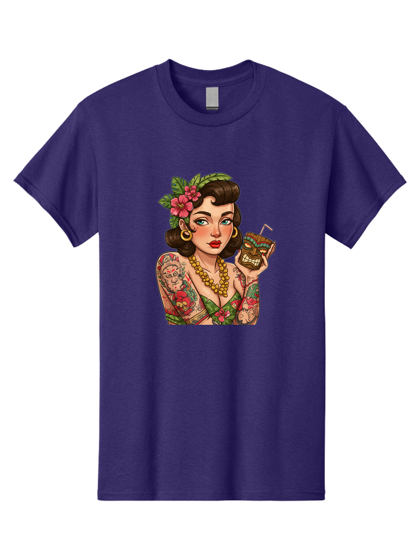 Tiki-Girl Men'S Graphic Tee, 100% Cotton, Comfortable Casual Summer Wear, Machine Washable, Tattooed Pin-Up Girl, Vintage Style, Tropical Drink, Floral Crown, Bold Jewelry, Colorful Tattoos, Retro Charm, Summer Vibes Bad842
