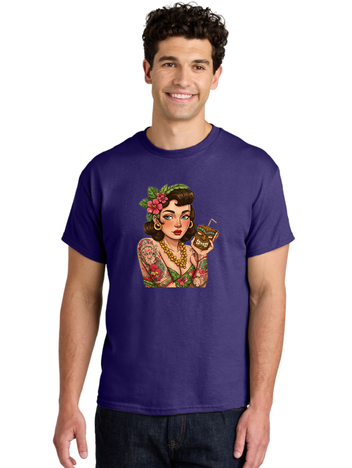 Tiki-Girl Men'S Graphic Tee, 100% Cotton, Comfortable Casual Summer Wear, Machine Washable, Tattooed Pin-Up Girl, Vintage Style, Tropical Drink, Floral Crown, Bold Jewelry, Colorful Tattoos, Retro Charm, Summer Vibes Bad842