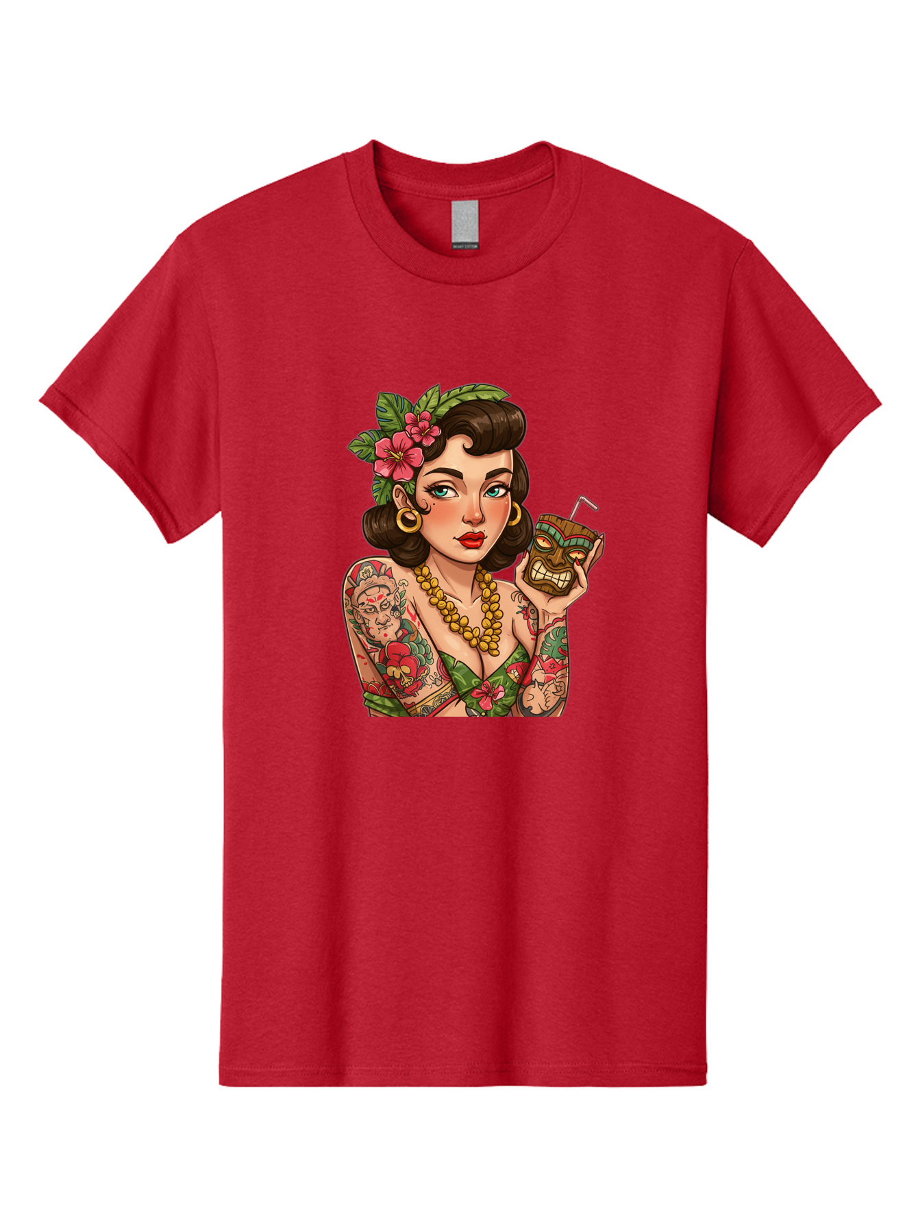 Tiki-Girl Men'S Graphic Tee, 100% Cotton, Comfortable Casual Summer Wear, Machine Washable, Tattooed Pin-Up Girl, Vintage Style, Tropical Drink, Floral Crown, Bold Jewelry, Colorful Tattoos, Retro Charm, Summer Vibes Bad842
