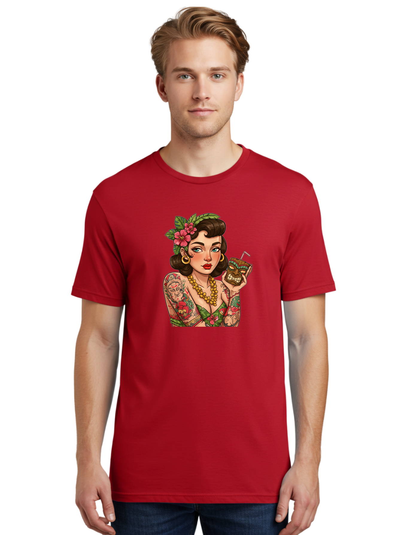 Tiki-Girl Men'S Graphic Tee, 100% Cotton, Comfortable Casual Summer Wear, Machine Washable, Tattooed Pin-Up Girl, Vintage Style, Tropical Drink, Floral Crown, Bold Jewelry, Colorful Tattoos, Retro Charm, Summer Vibes Bad842