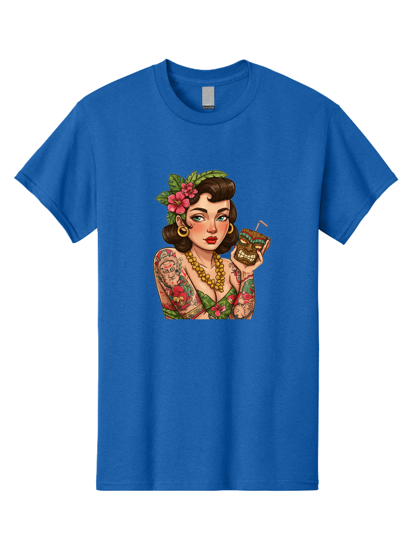 Tiki-Girl Men'S Graphic Tee, 100% Cotton, Comfortable Casual Summer Wear, Machine Washable, Tattooed Pin-Up Girl, Vintage Style, Tropical Drink, Floral Crown, Bold Jewelry, Colorful Tattoos, Retro Charm, Summer Vibes Bad842