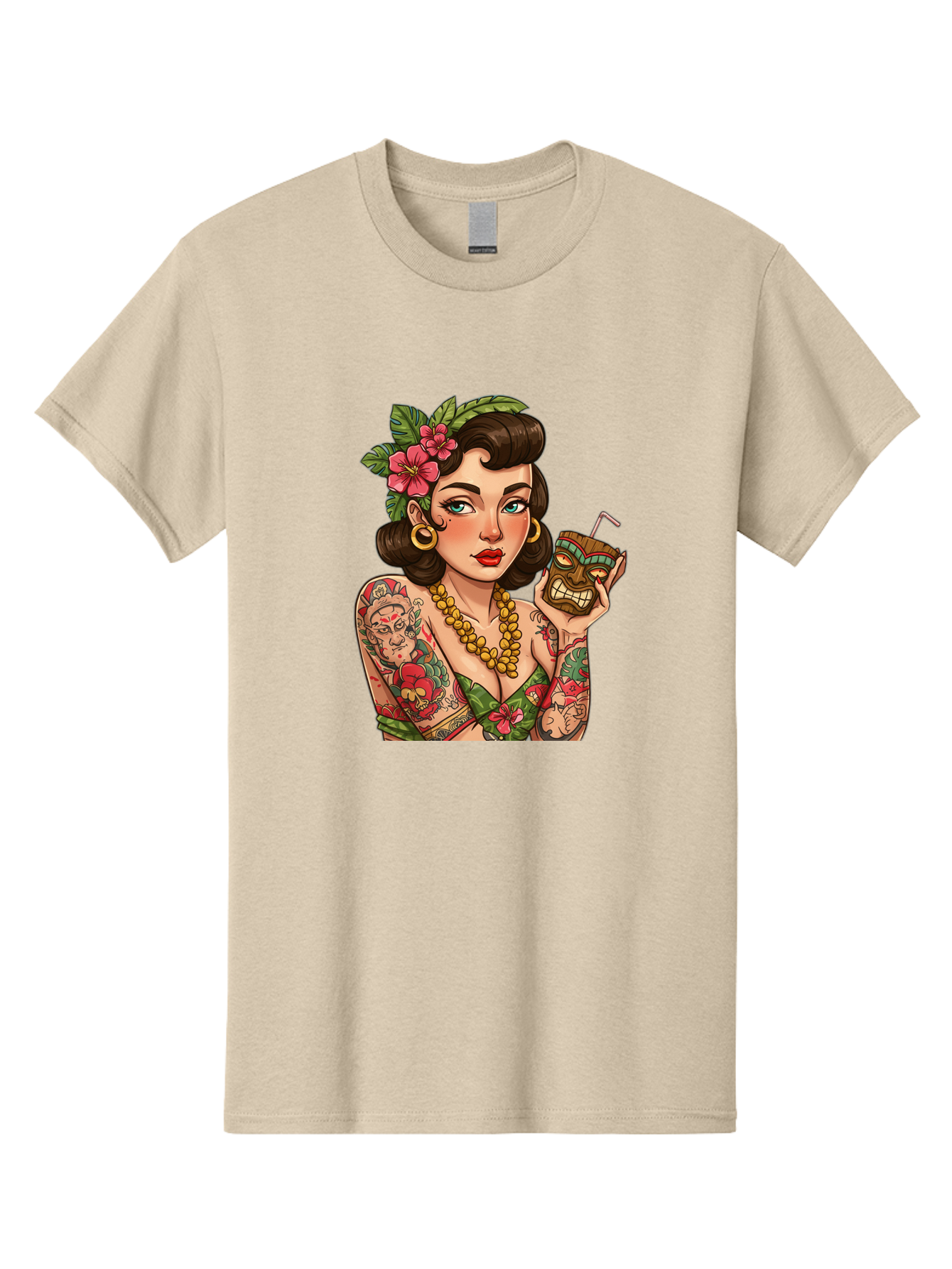 Tiki-Girl Men'S Graphic Tee, 100% Cotton, Comfortable Casual Summer Wear, Machine Washable, Tattooed Pin-Up Girl, Vintage Style, Tropical Drink, Floral Crown, Bold Jewelry, Colorful Tattoos, Retro Charm, Summer Vibes Bad842