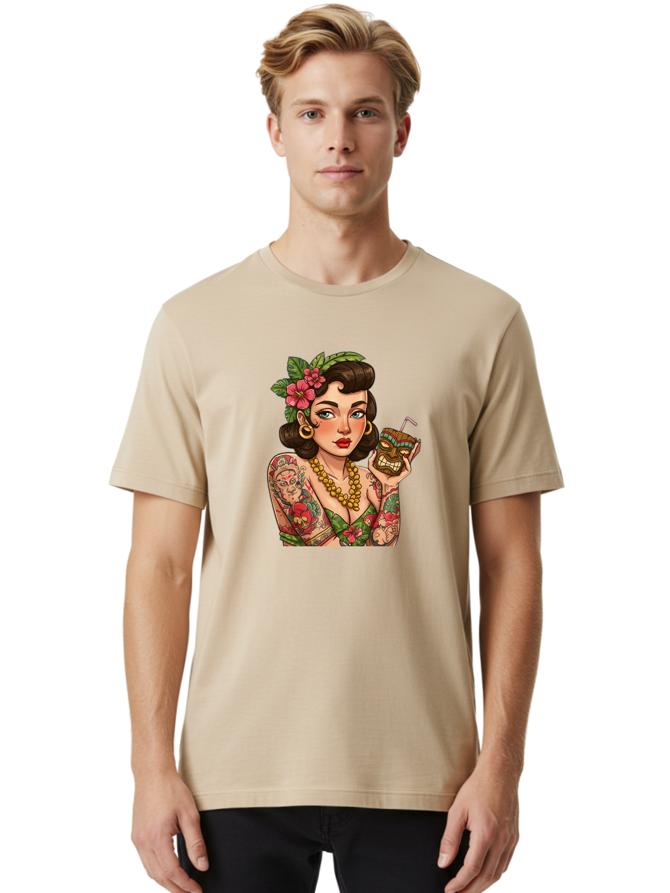 Tiki-Girl Men'S Graphic Tee, 100% Cotton, Comfortable Casual Summer Wear, Machine Washable, Tattooed Pin-Up Girl, Vintage Style, Tropical Drink, Floral Crown, Bold Jewelry, Colorful Tattoos, Retro Charm, Summer Vibes Bad842