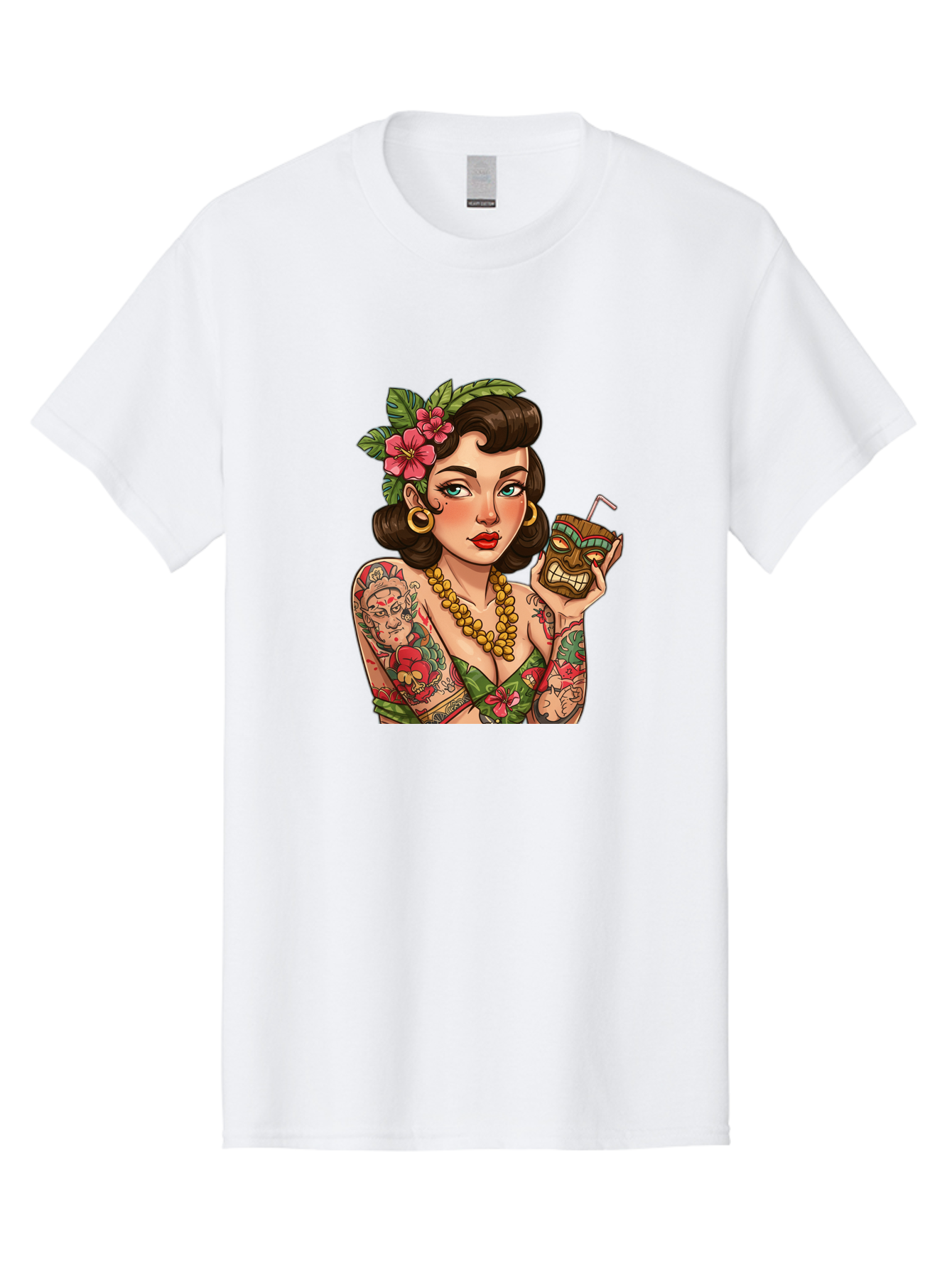 Tiki-Girl Men'S Graphic Tee, 100% Cotton, Comfortable Casual Summer Wear, Machine Washable, Tattooed Pin-Up Girl, Vintage Style, Tropical Drink, Floral Crown, Bold Jewelry, Colorful Tattoos, Retro Charm, Summer Vibes Bad842
