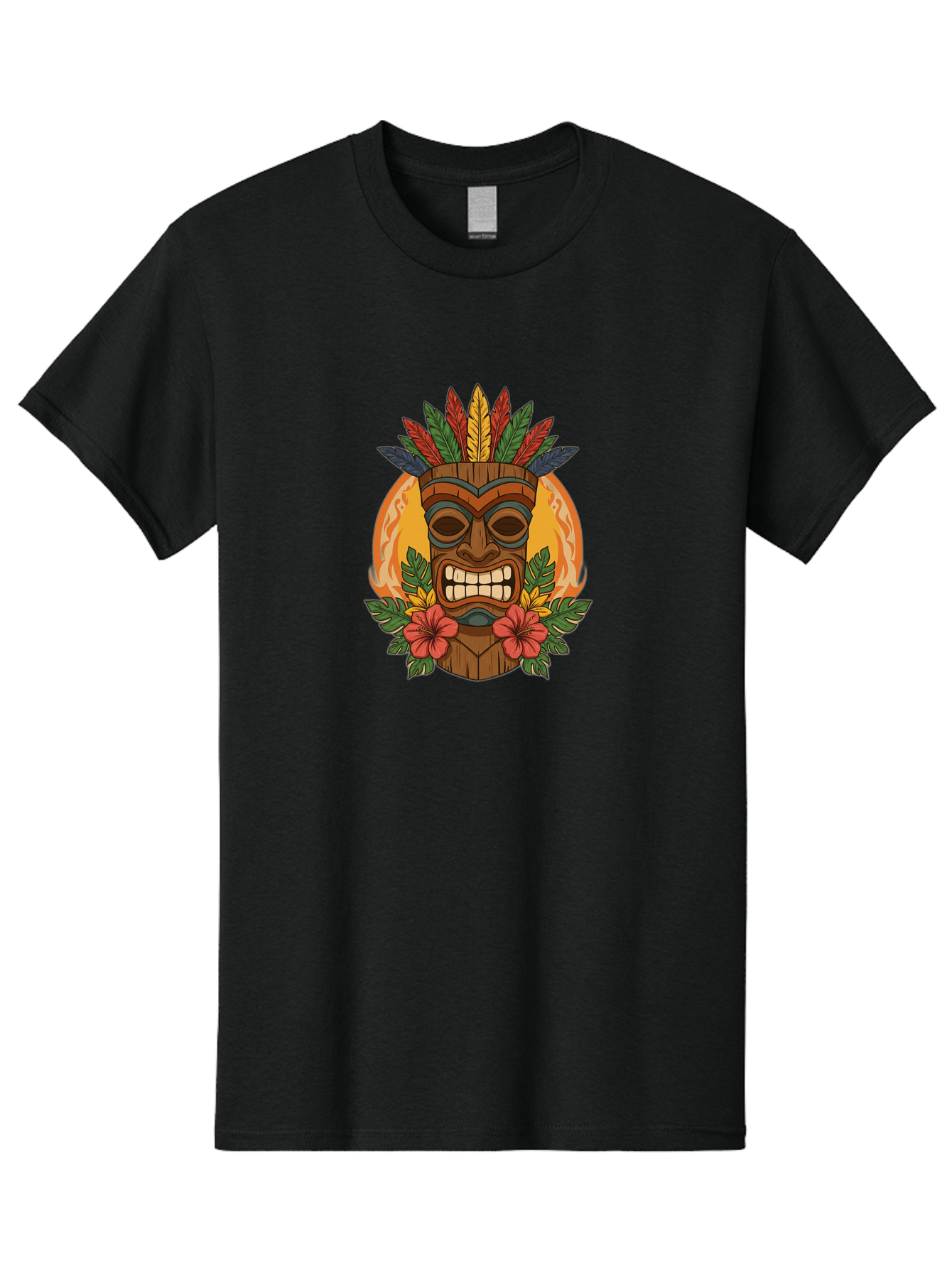 Tiki-Mask-With-Tropical-Flowers Men'S Graphic Tee, 100% Cotton, Comfortable Casual Summer Wear, Machine Washable, Tiki Mask, Tribal Art, Wooden Totem, Tropical Flowers, Hibiscus, Colorful Feathers, Polka Dot, Island Vibes, Bohemian Style Bad844