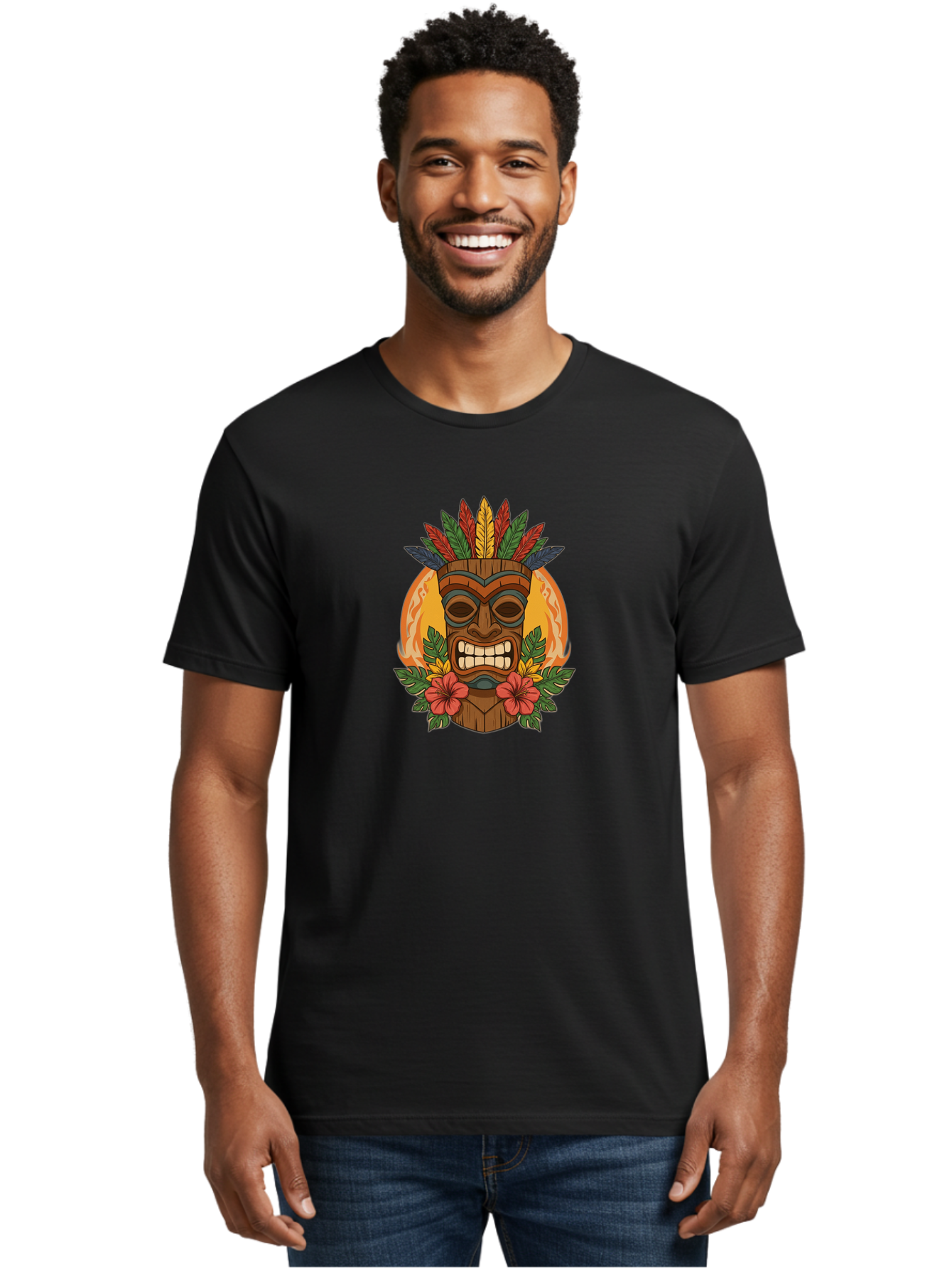 Tiki-Mask-With-Tropical-Flowers Men'S Graphic Tee, 100% Cotton, Comfortable Casual Summer Wear, Machine Washable, Tiki Mask, Tribal Art, Wooden Totem, Tropical Flowers, Hibiscus, Colorful Feathers, Polka Dot, Island Vibes, Bohemian Style Bad844