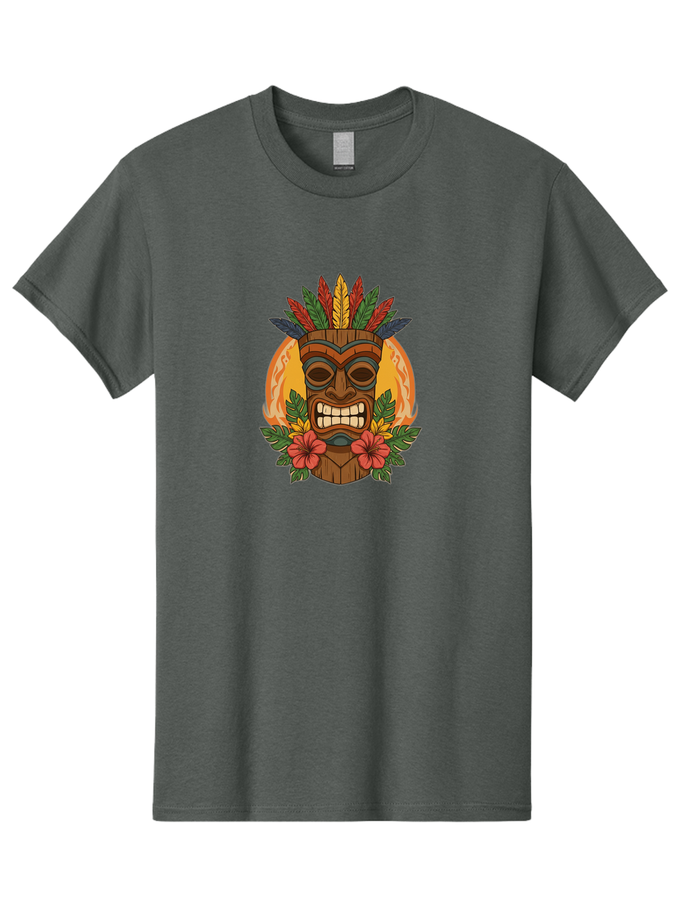 Tiki-Mask-With-Tropical-Flowers Men'S Graphic Tee, 100% Cotton, Comfortable Casual Summer Wear, Machine Washable, Tiki Mask, Tribal Art, Wooden Totem, Tropical Flowers, Hibiscus, Colorful Feathers, Polka Dot, Island Vibes, Bohemian Style Bad844