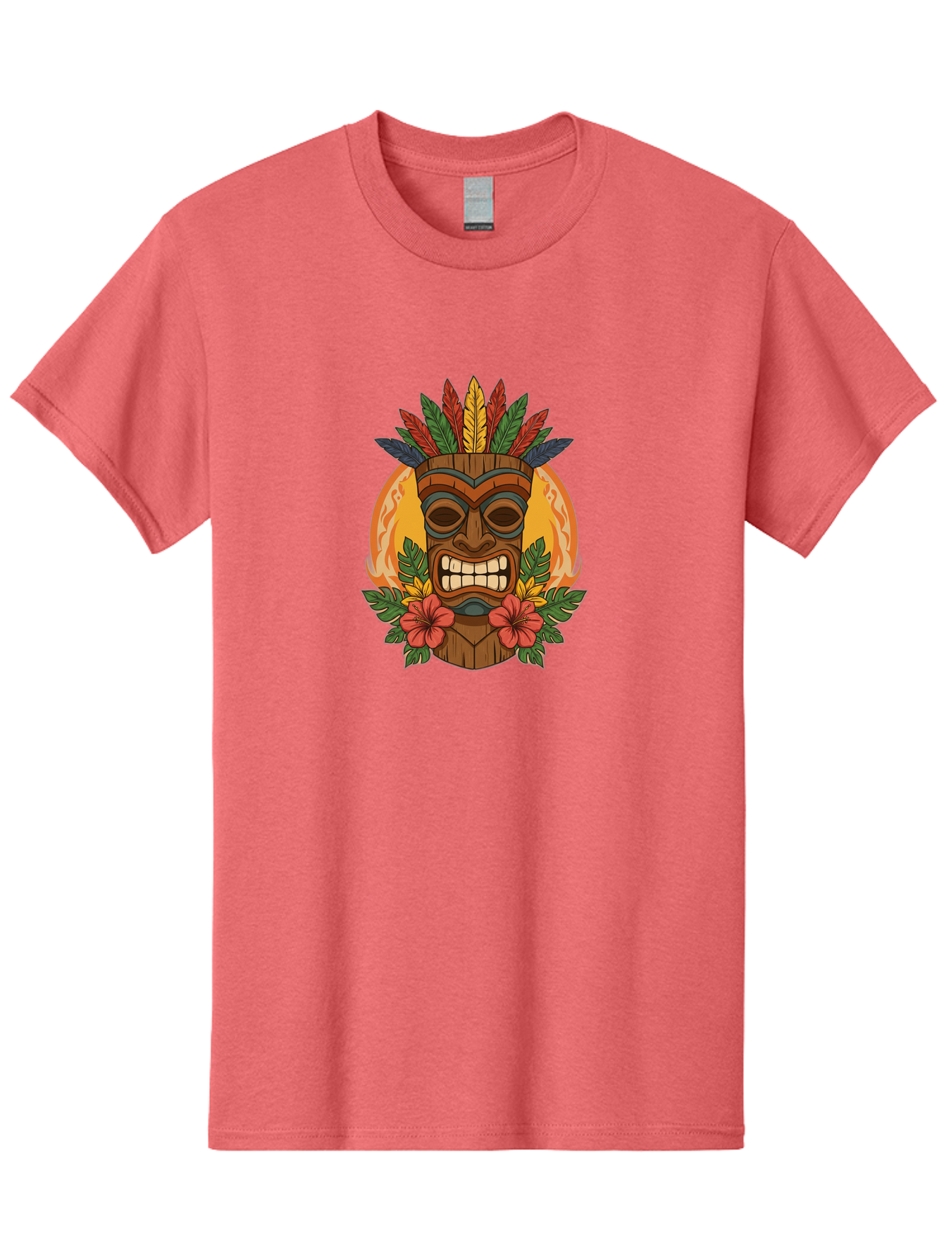 Tiki-Mask-With-Tropical-Flowers Men'S Graphic Tee, 100% Cotton, Comfortable Casual Summer Wear, Machine Washable, Tiki Mask, Tribal Art, Wooden Totem, Tropical Flowers, Hibiscus, Colorful Feathers, Polka Dot, Island Vibes, Bohemian Style Bad844