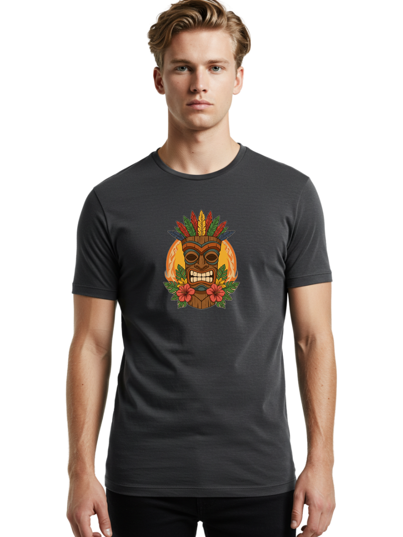 Tiki-Mask-With-Tropical-Flowers Men'S Graphic Tee, 100% Cotton, Comfortable Casual Summer Wear, Machine Washable, Tiki Mask, Tribal Art, Wooden Totem, Tropical Flowers, Hibiscus, Colorful Feathers, Polka Dot, Island Vibes, Bohemian Style Bad844