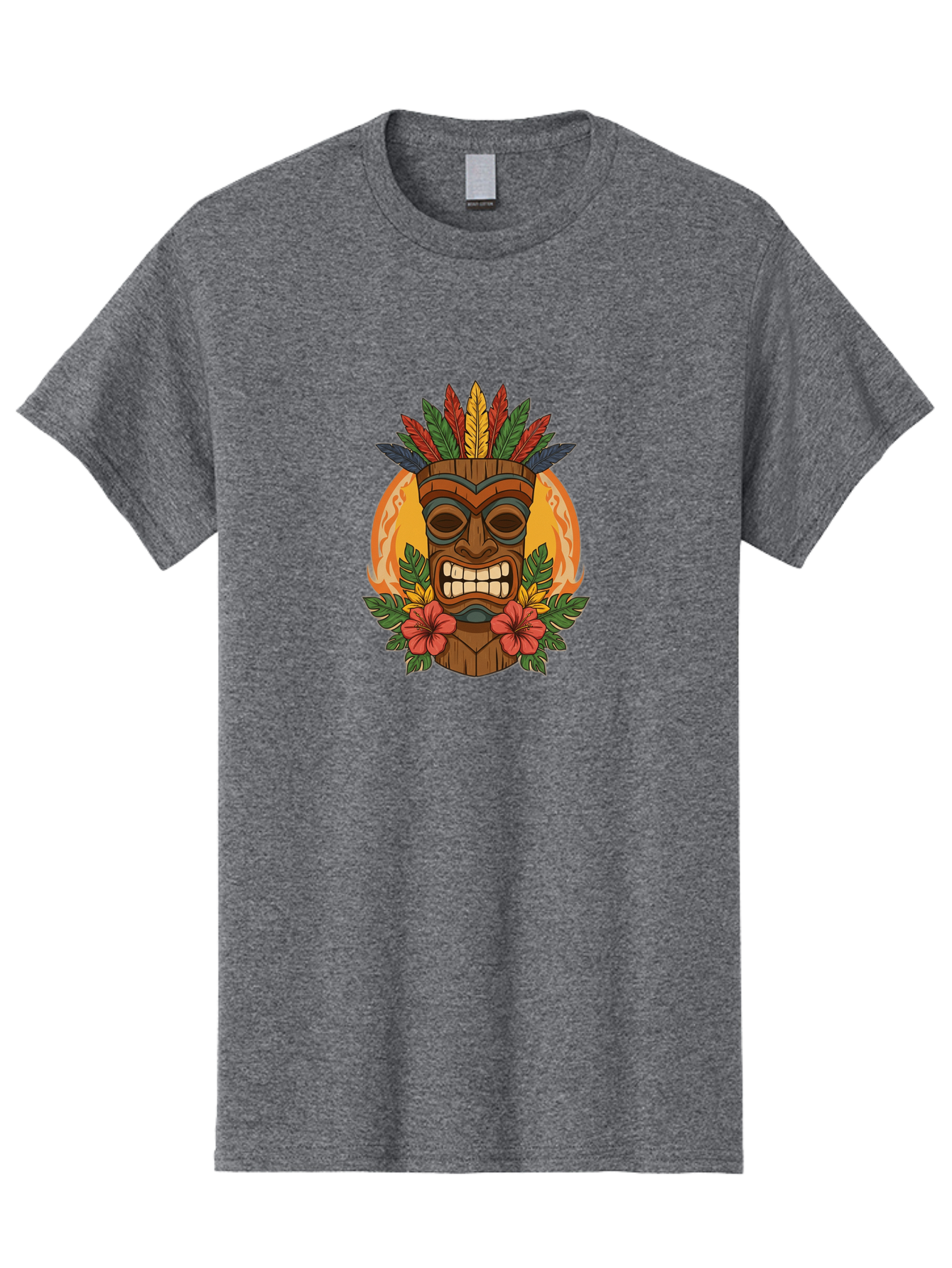 Tiki-Mask-With-Tropical-Flowers Men'S Graphic Tee, 100% Cotton, Comfortable Casual Summer Wear, Machine Washable, Tiki Mask, Tribal Art, Wooden Totem, Tropical Flowers, Hibiscus, Colorful Feathers, Polka Dot, Island Vibes, Bohemian Style Bad844