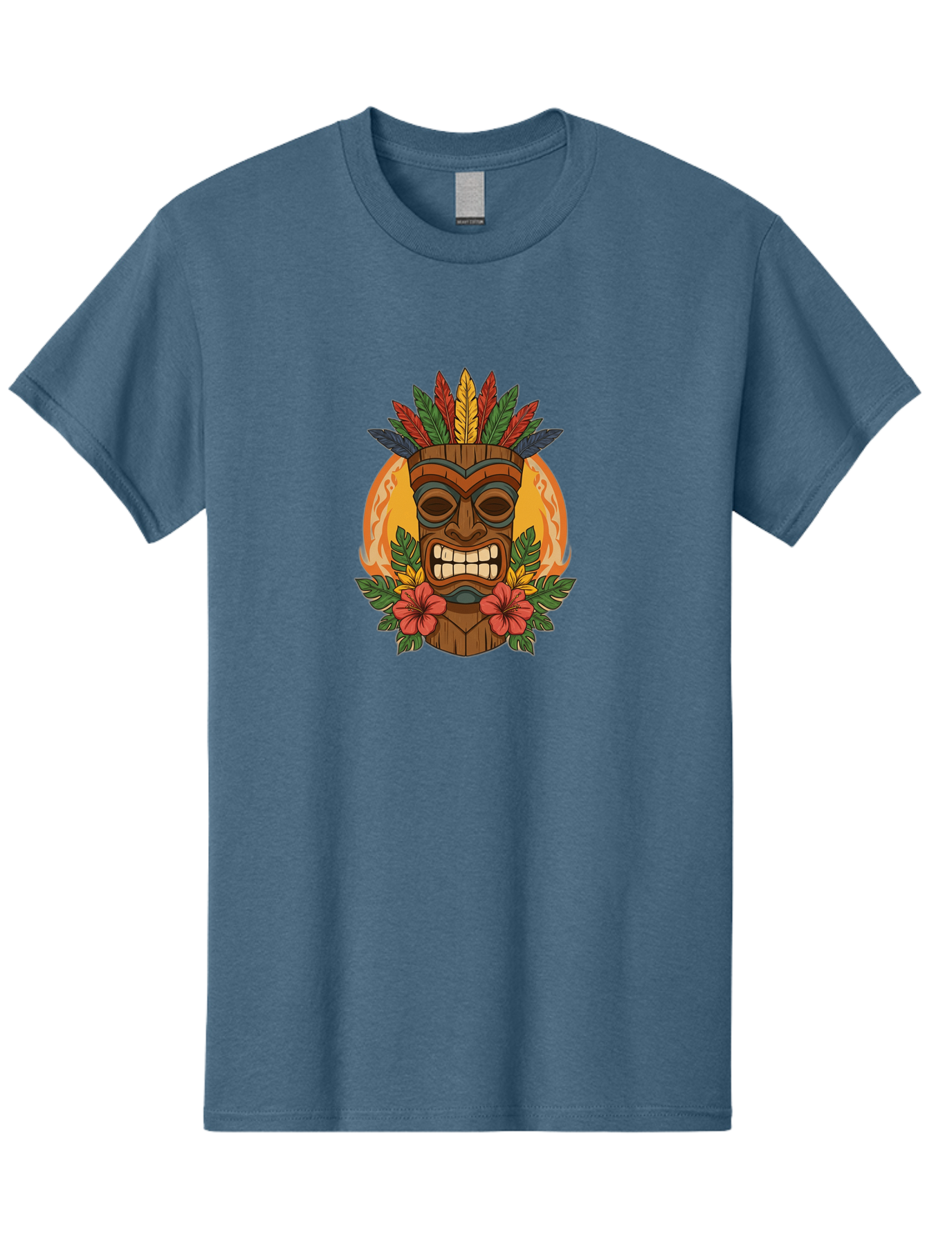 Tiki-Mask-With-Tropical-Flowers Men'S Graphic Tee, 100% Cotton, Comfortable Casual Summer Wear, Machine Washable, Tiki Mask, Tribal Art, Wooden Totem, Tropical Flowers, Hibiscus, Colorful Feathers, Polka Dot, Island Vibes, Bohemian Style Bad844