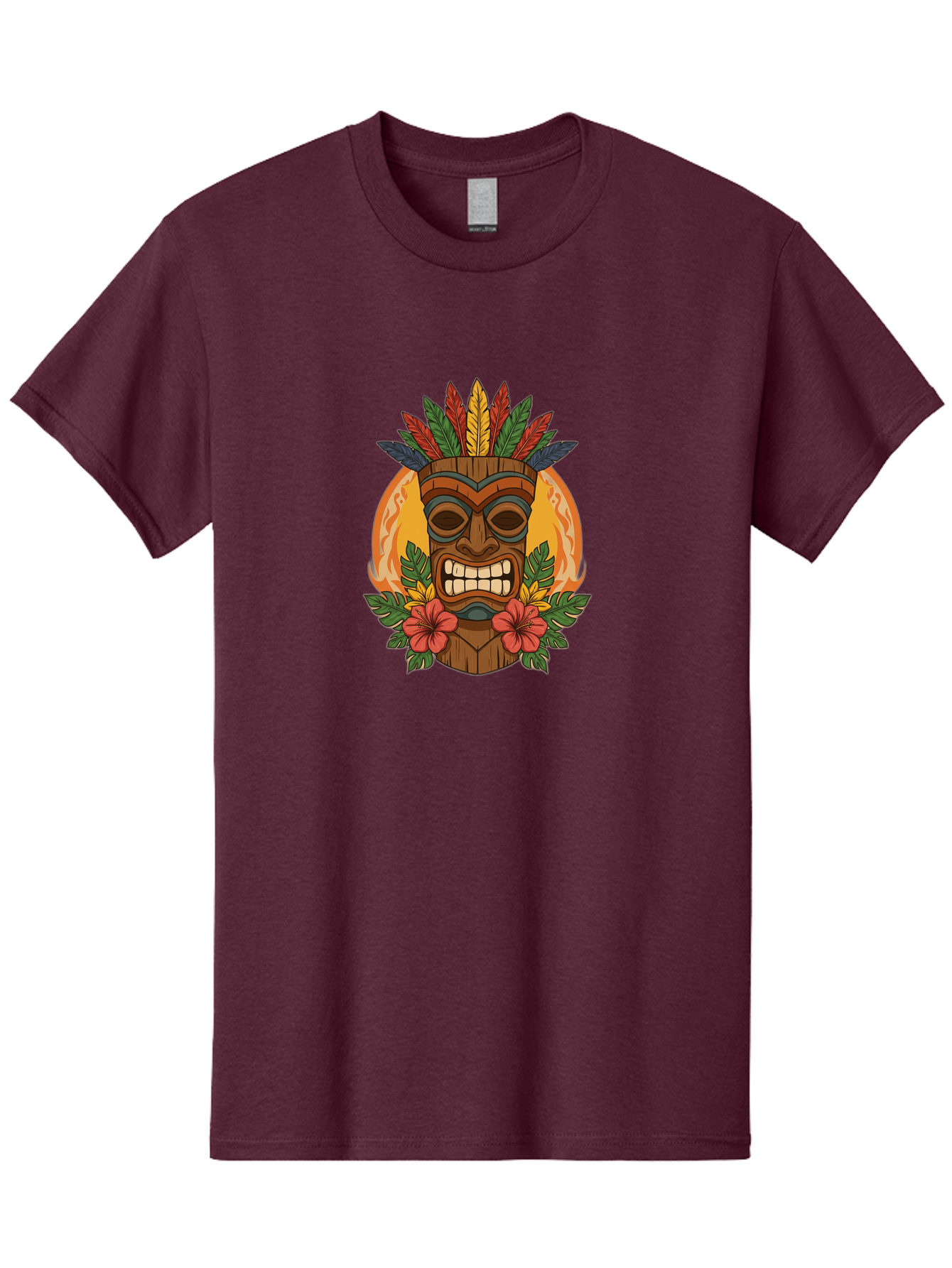 Tiki-Mask-With-Tropical-Flowers Men'S Graphic Tee, 100% Cotton, Comfortable Casual Summer Wear, Machine Washable, Tiki Mask, Tribal Art, Wooden Totem, Tropical Flowers, Hibiscus, Colorful Feathers, Polka Dot, Island Vibes, Bohemian Style Bad844